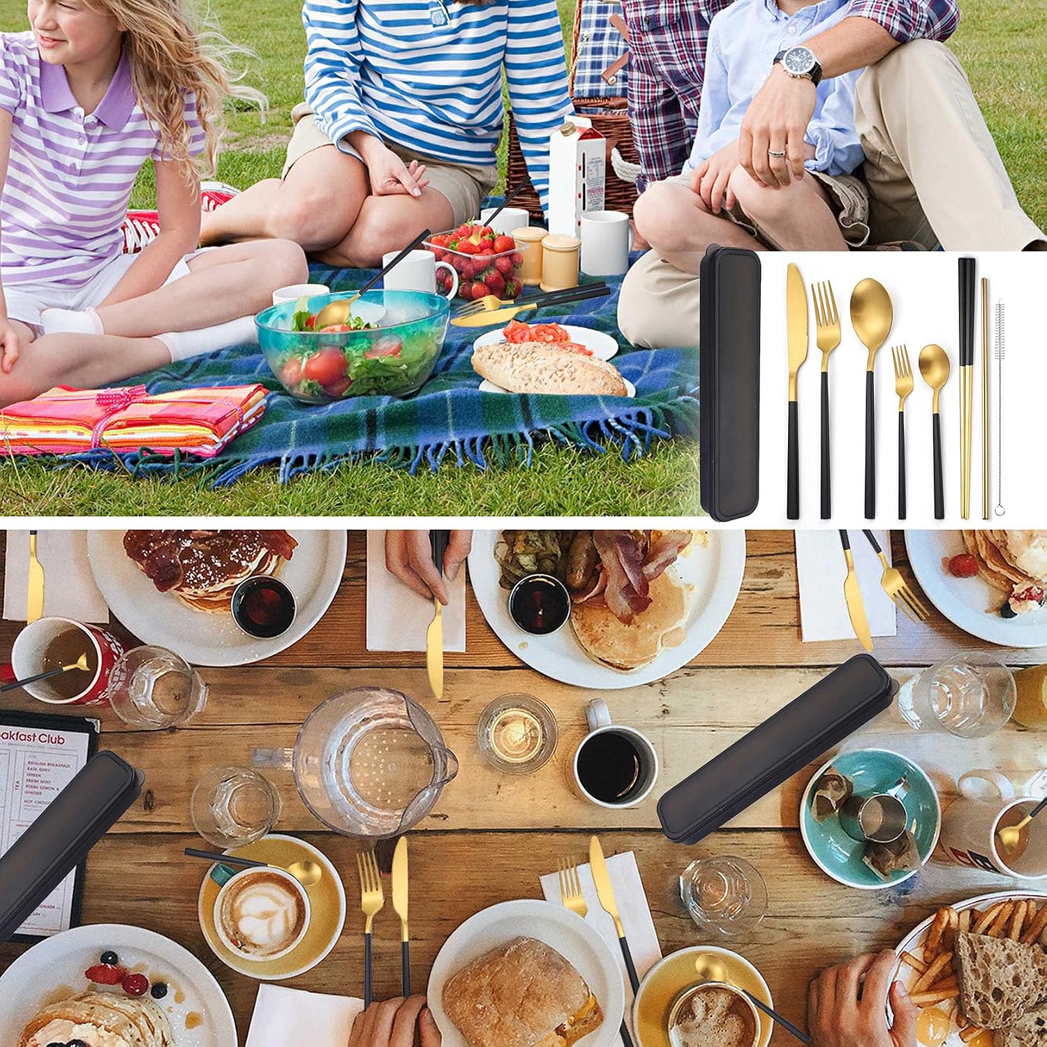 AARAINBOW 6 Pieces 18/8 Stainless Steel Flatware Set Portable Reusable Cutlery Set Travel Utensils Set Including Chopsticks Knife Fork Spoon Straws
