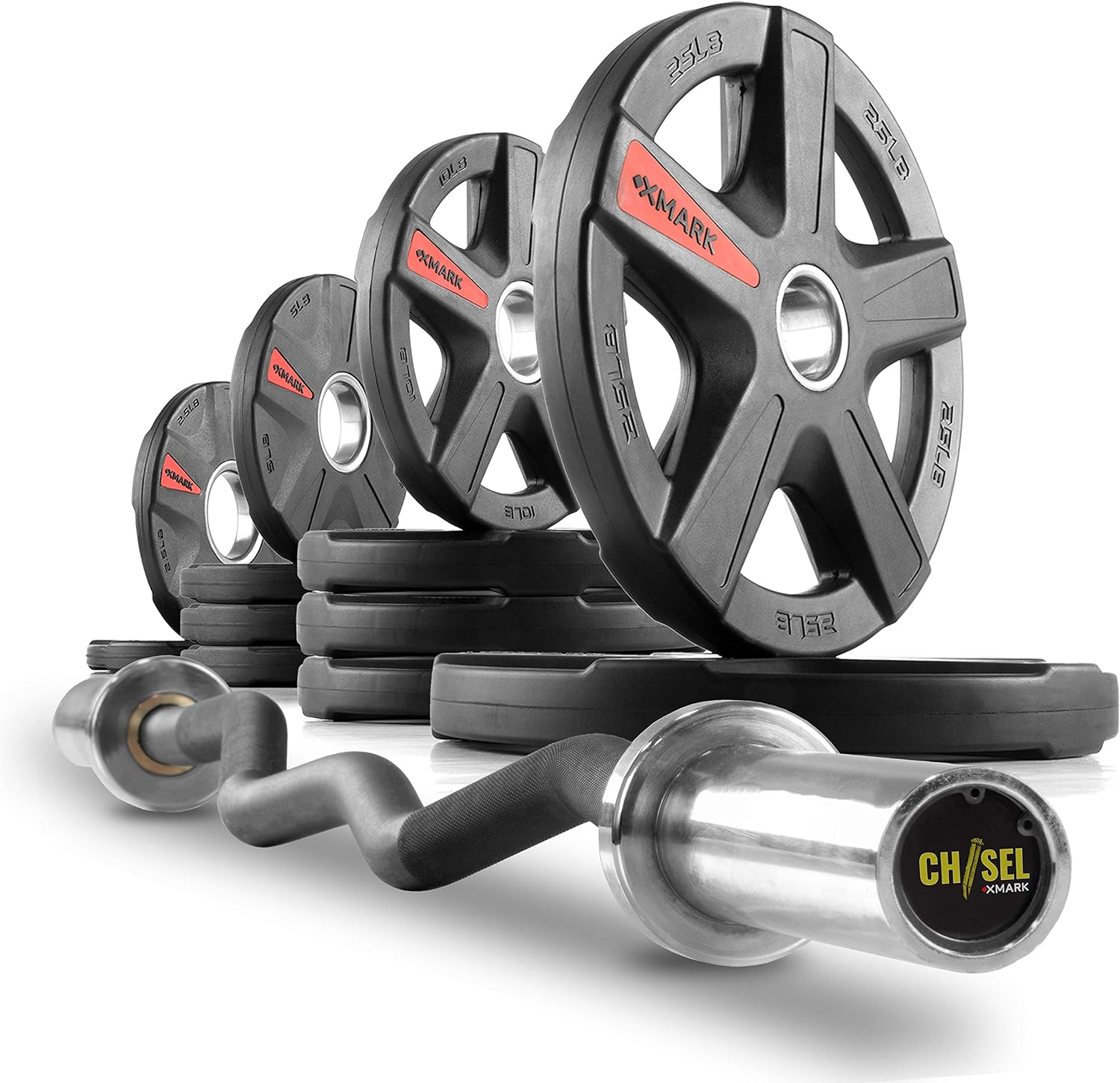 XMark EZ Curl Olympic Bar Set - CHISEL Bar With TEXAS STAR Plates, Weight Set and Barbell