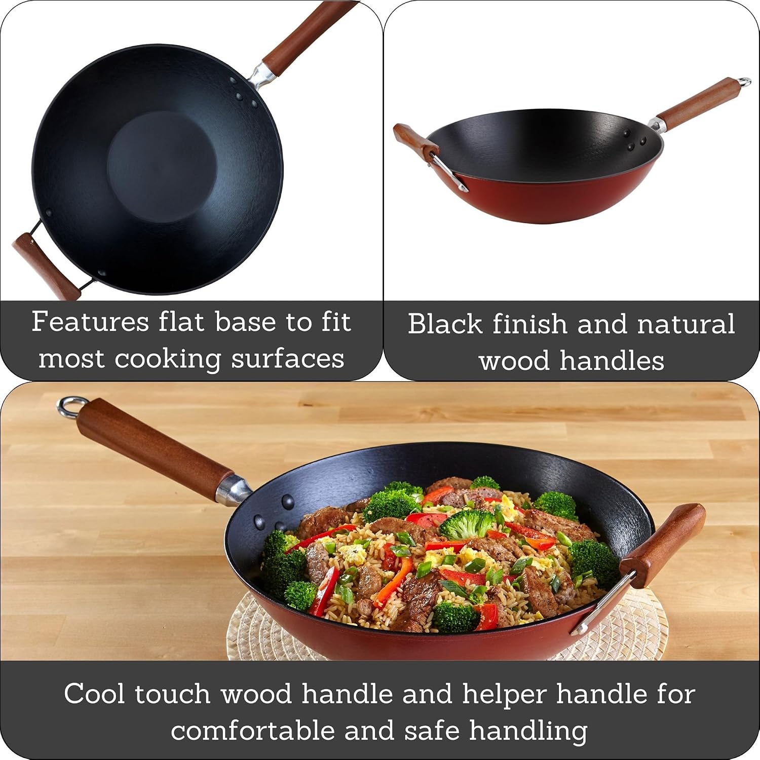 IMUSA USA GKG-61021 Light Cast Iron Wok, 14", Red Handles | Ideal for Stir-Frying and Deep Frying, Great for Everyday Cooking