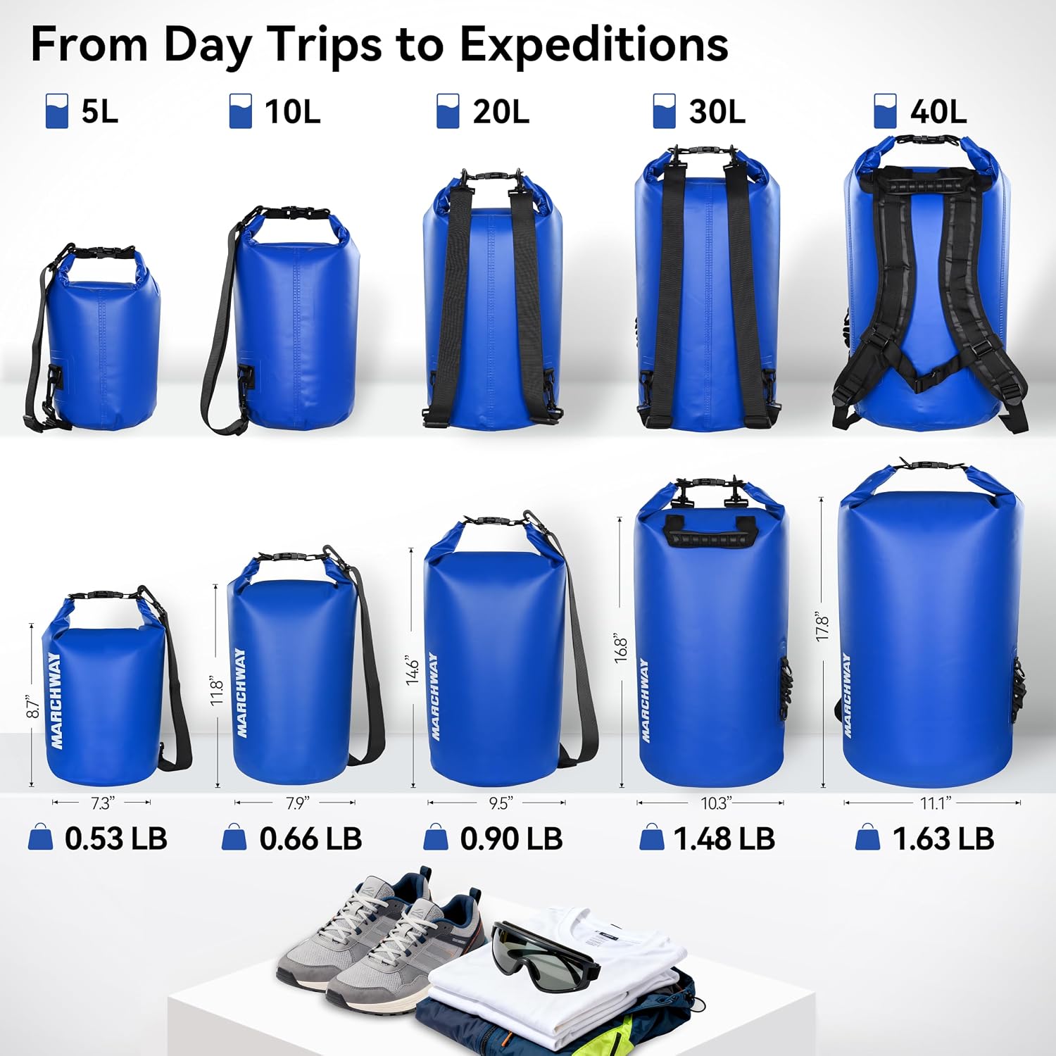 MARCHWAY Floating Waterproof Dry Bag Backpack 5L/10L/20L/30L/40L, Roll Top Sack Keeps Gear Dry for Kayaking, Rafting, Boating, Swimming, Camping, Hiking, Beach, Fishing