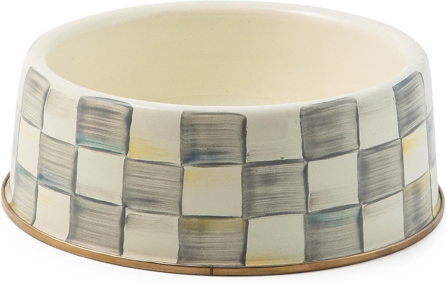 MACKENZIE-CHILDS Enamel Pet Dish, Large, Black-and-White Courtly Check | Decorative cat and dog bowl for food and water, 40-ounce capacity