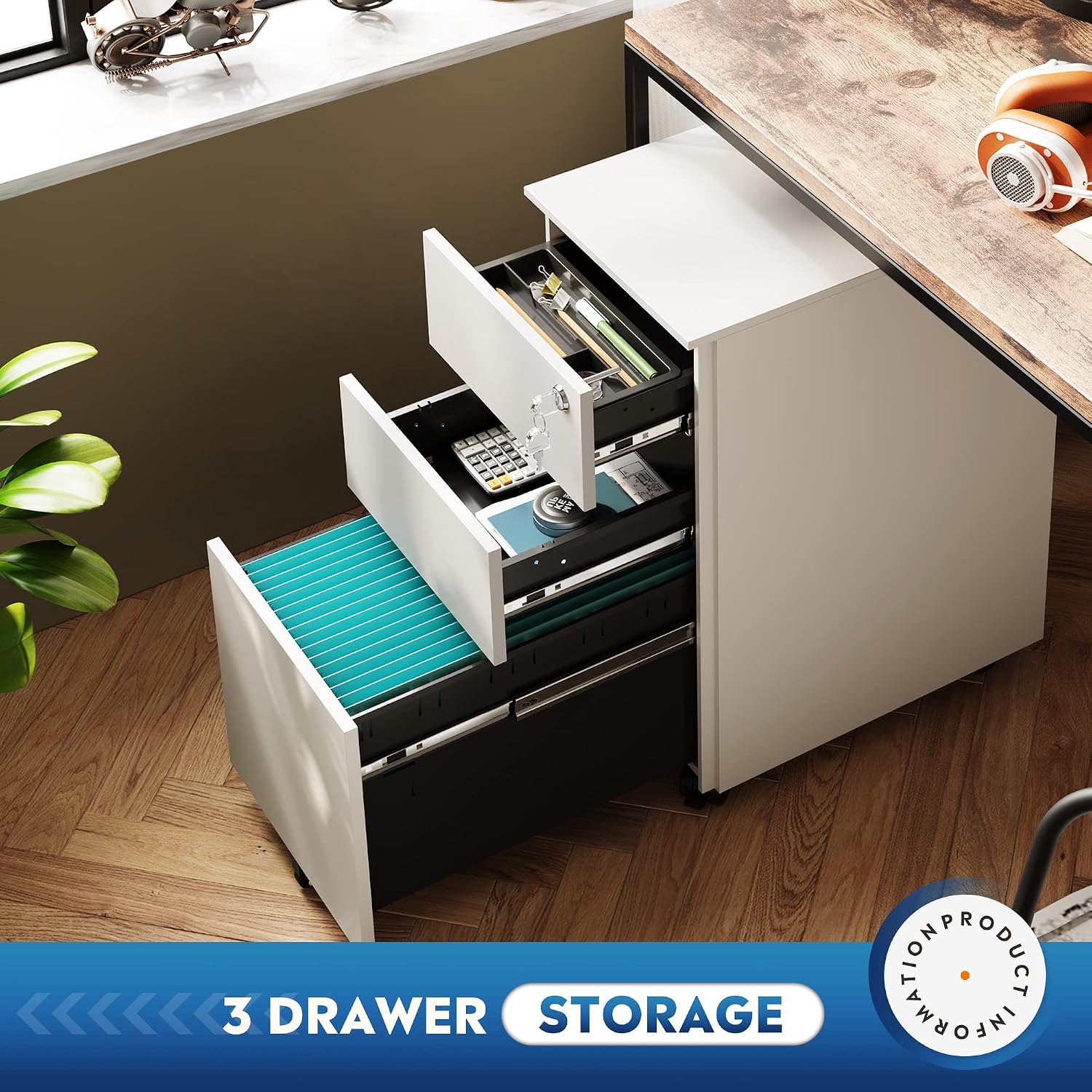 DEVAISE 3 Drawer Mobile File Cabinet with Lock, Under Desk Metal Filing Cabinet for Home Office/Legal/Letter/A4 File, Fully Assembled Except Wheels, Black