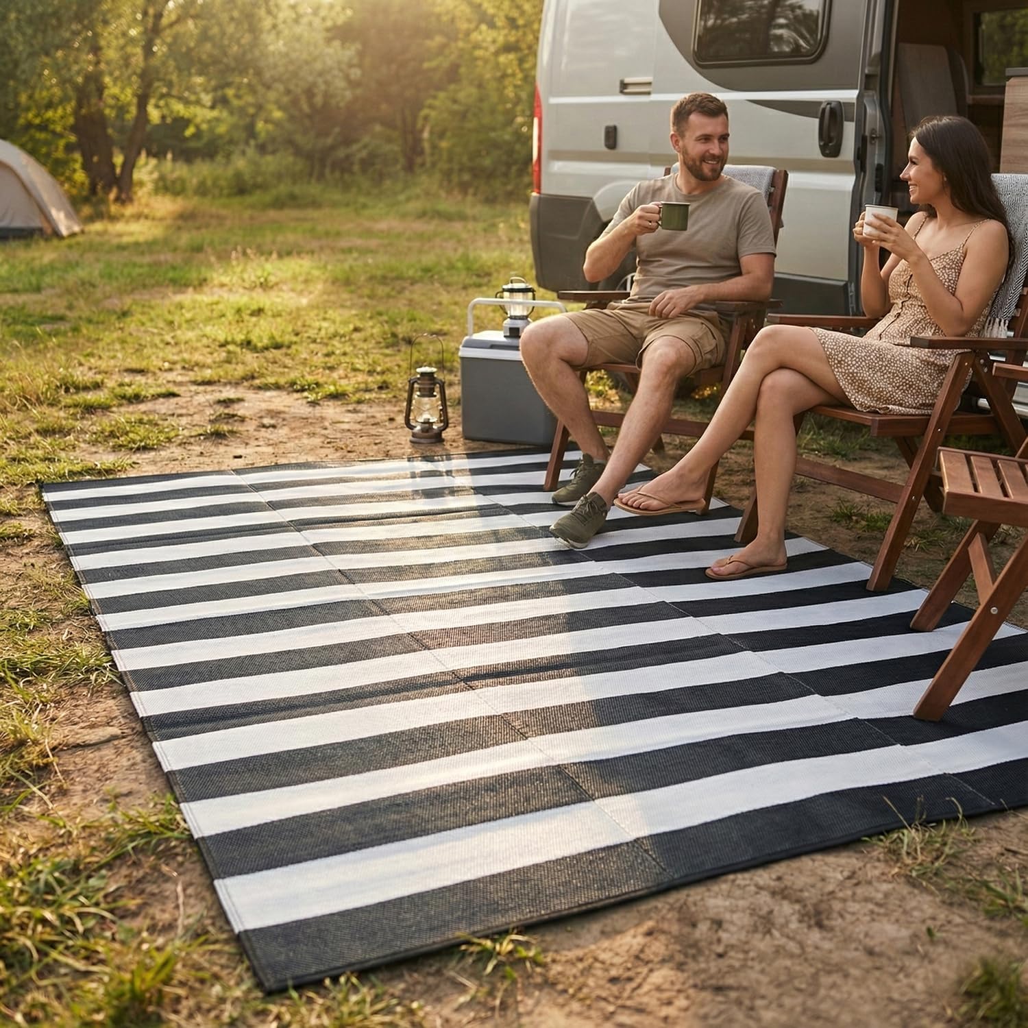 FH Home Outdoor Camping Rug - Waterproof, Fade Resistant, Reversible - Premium Recycled Plastic - Striped - Large Patio, Deck, Sunroom