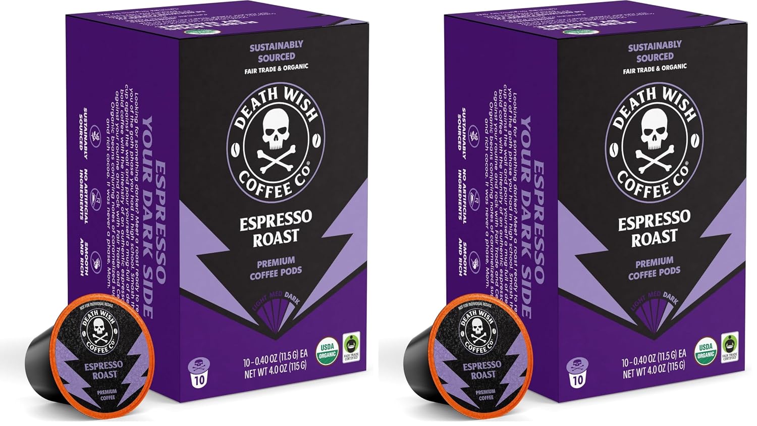 Death Wish Coffee Dark Roast Single Serve Coffee Pods, Organic, 50 Count | Fair Trade Arabica & Robusta, Baker's Chocolate & Cherry Notes, Low Acidity, Heavy Smooth Body, Bold & Intense