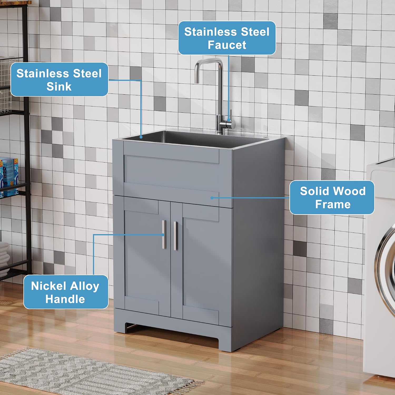 Goodyo Utility Sink with Cabinet 24 Inch Laundry Room Sink Cabinet 304 Stainless Steel Sink Combo White
