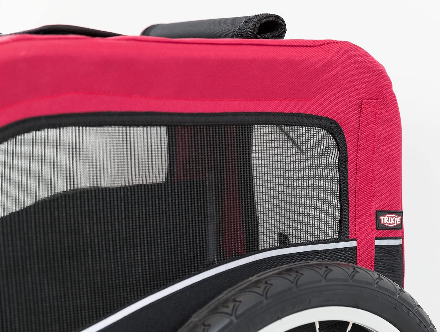 TRIXIE Medium Dog Bike Trailer - Foldable Pet Bicycle Trailer for Dogs up to 48lbs – Features Quick Fastening Wheels, 2 Doors, Safety Leash & Waterproof Carrier - 50 x 25 x 26.5in - Black/Red