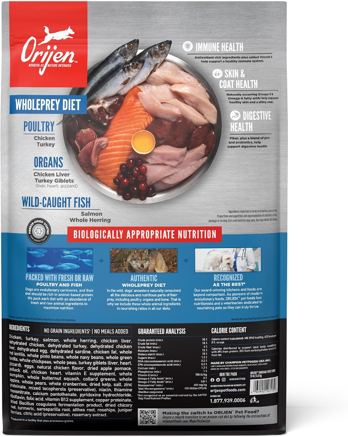 ORIJEN Grain Free WHOLEPREY Dry Dog Food Original Recipe 13lb. Bag | WHOLEPREY Ingredients, Grain Free, Made in the USA, Skin & Coat, Global Quality Ingredients