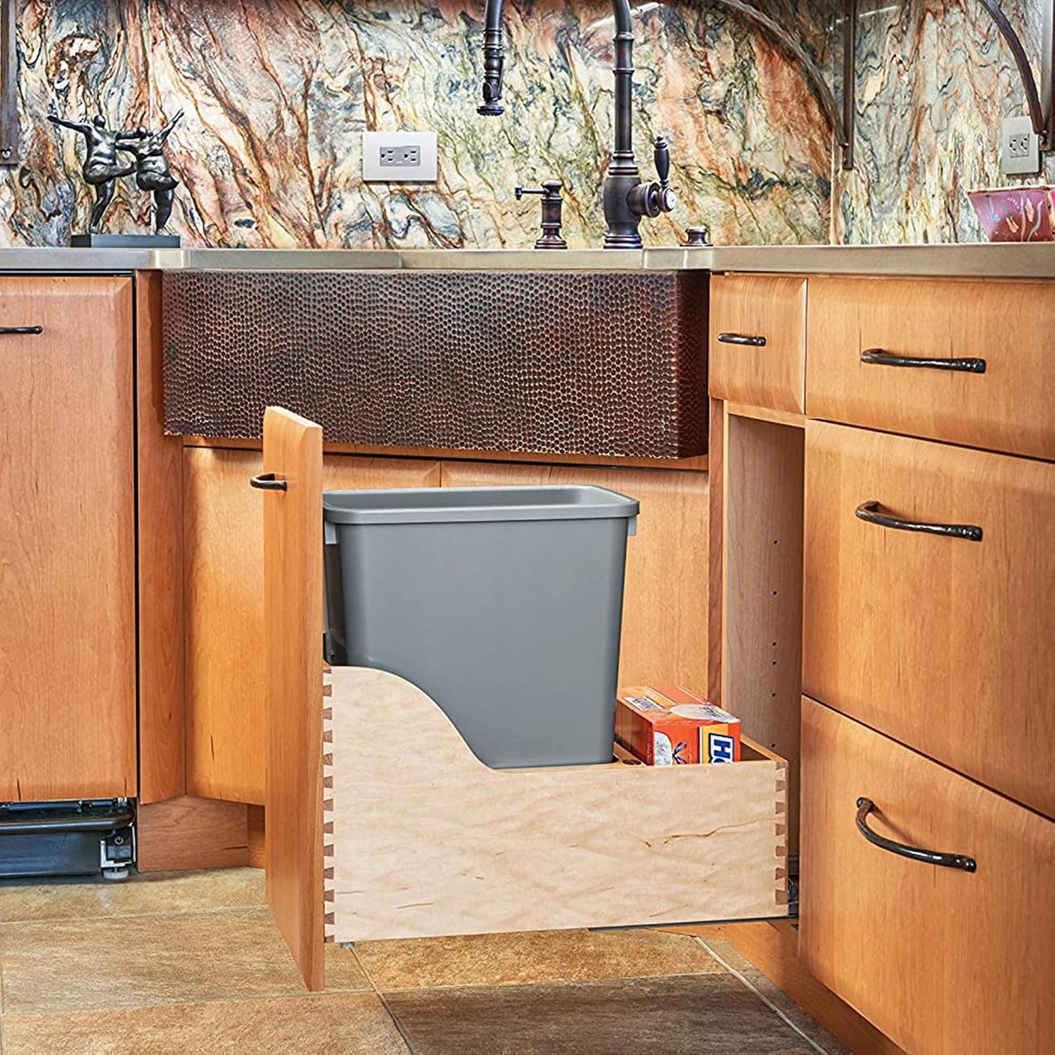 Rev-A-Shelf Pull Out Trash Can for Kitchen Cabinets 35 Qt 8.75 Gal Bottom Mounted, Undermount Soft-Close Slides, Silver, 4WCSC-1835DMND-2