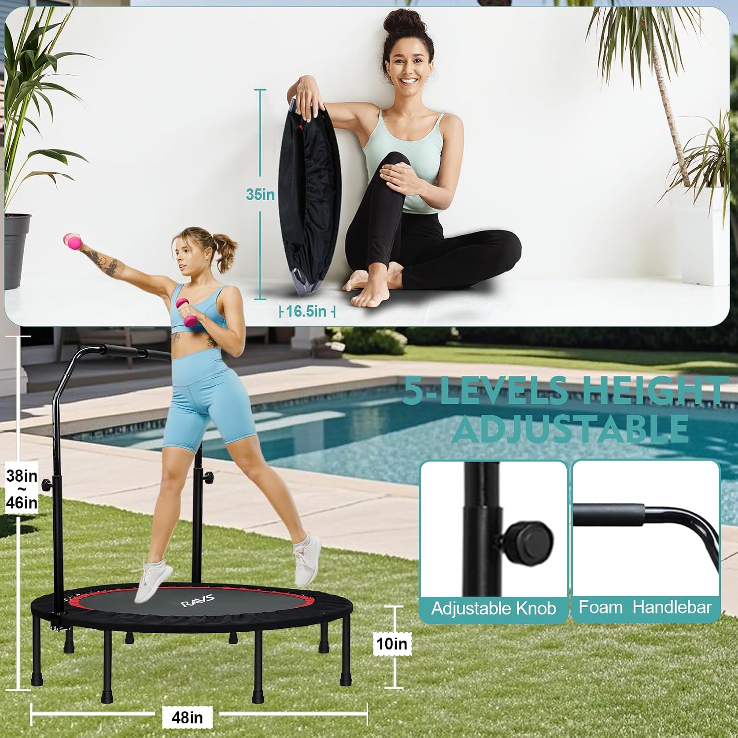 RAVS 40/48" Foldable Rebounder Trampoline for Adults, Handlebar, Indoor