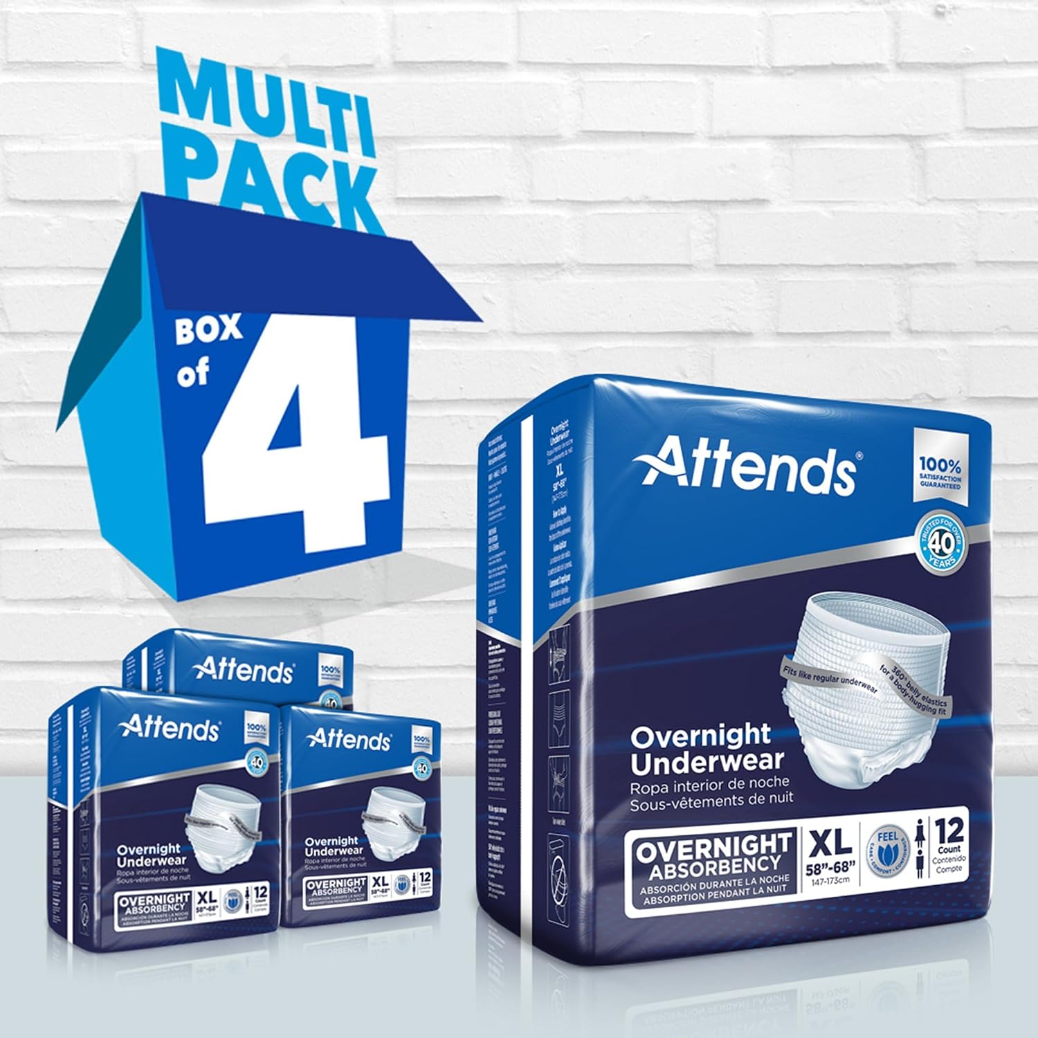 Attends Overnight Underwear for Adult Incontinence Care with ConfidenceCuff™ Protection, Overnight Absorbency, Unisex, X-Large, 12 Count (x4) | Unisex