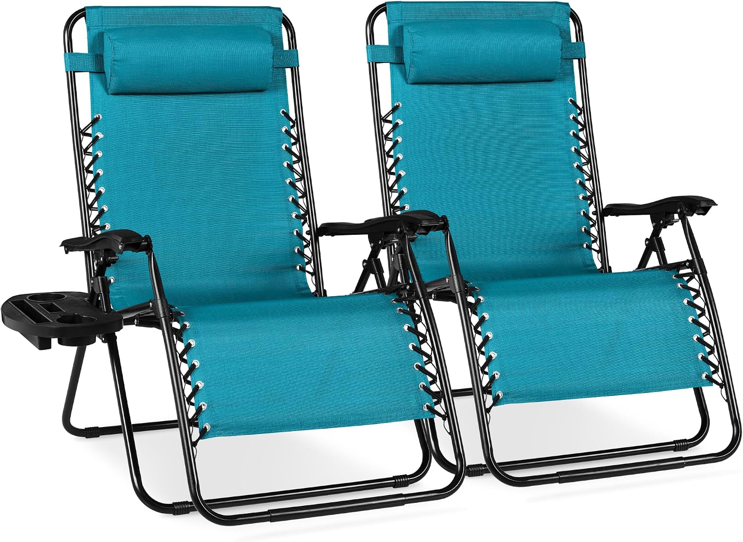 Best Choice Products Set of 2 Adjustable Steel Mesh Zero Gravity Lounge Chair Recliners w/Pillows and Cup Holder Trays - Light Blue