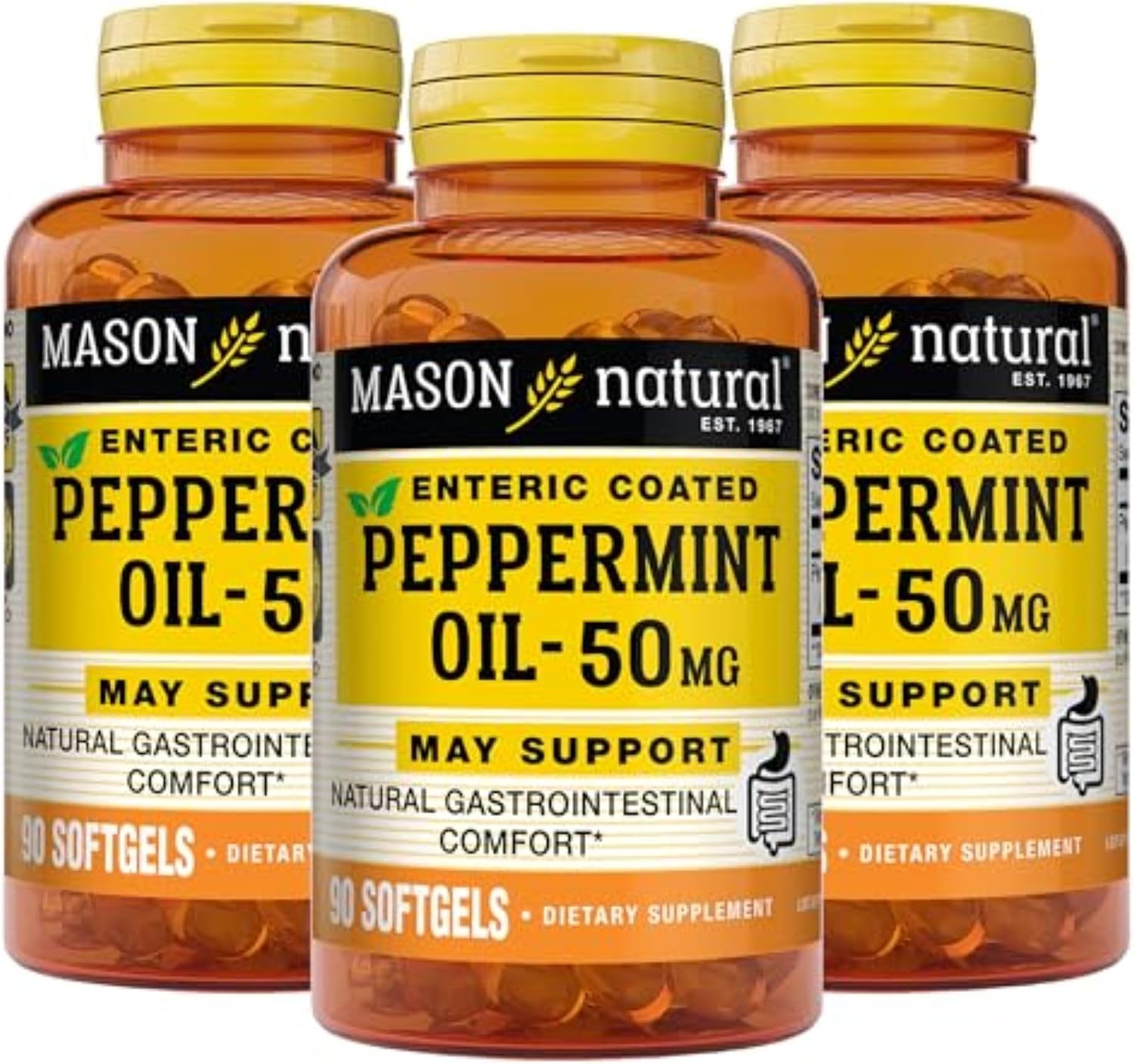 MASON NATURAL Peppermint Oil 50 mg Enteric Coated Softgels, 90 Day Supply | 50mg pure peppermint oil, enteric coated to dissolve in the intestines, to ease bloating & gas and support normal digestion