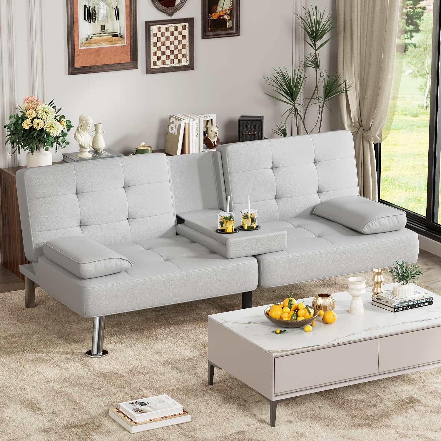 JUMMICO Faux Leather Futon Sofa Bed, Sleeper Sofa with Adjustable Backrest
