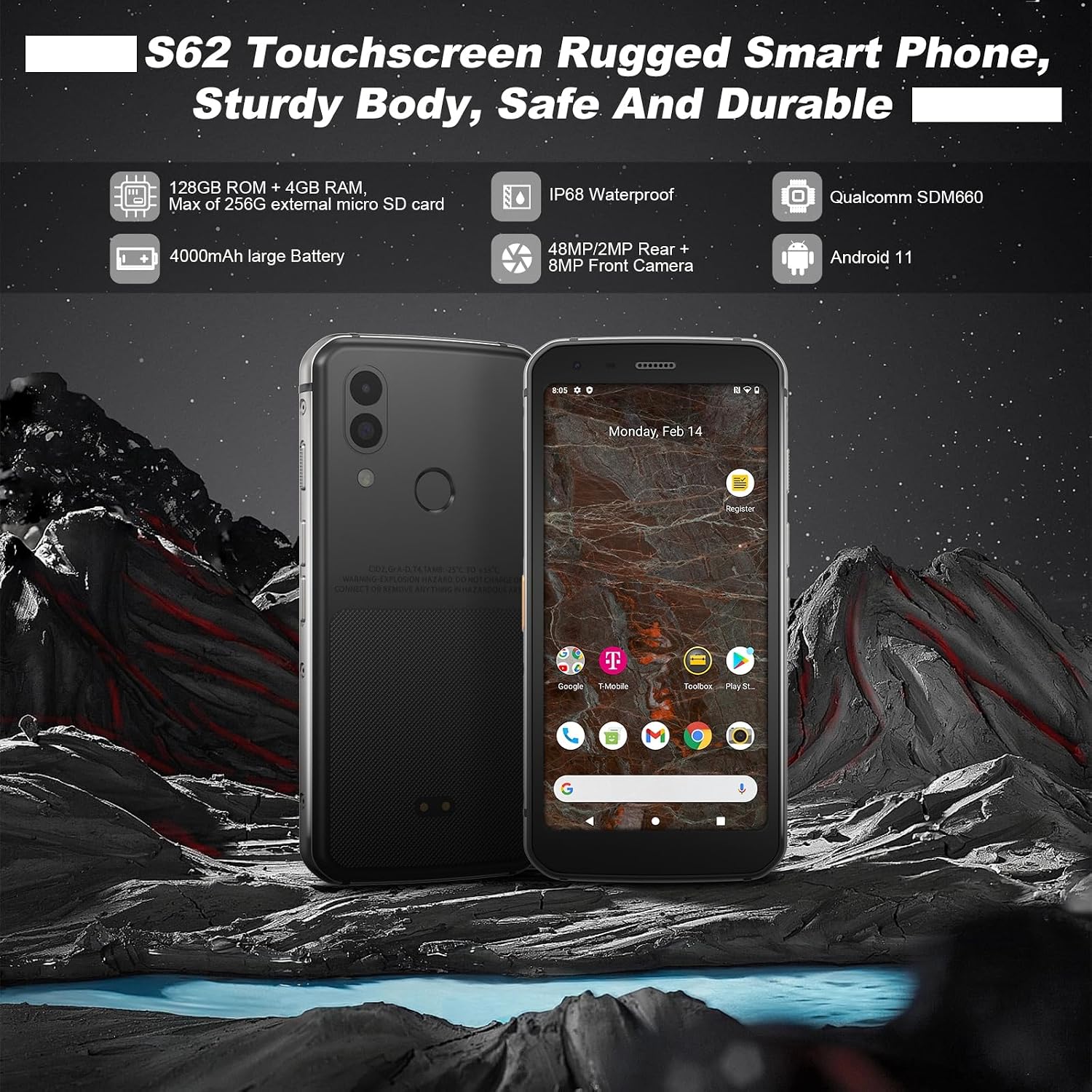 Unifone S62 Unlocked Rugged Cell Phone (128GB, 4GB) 5.7" IP68 Waterproof Android Smartphone, 12MP Dual Camera, All Day Battery, NFC