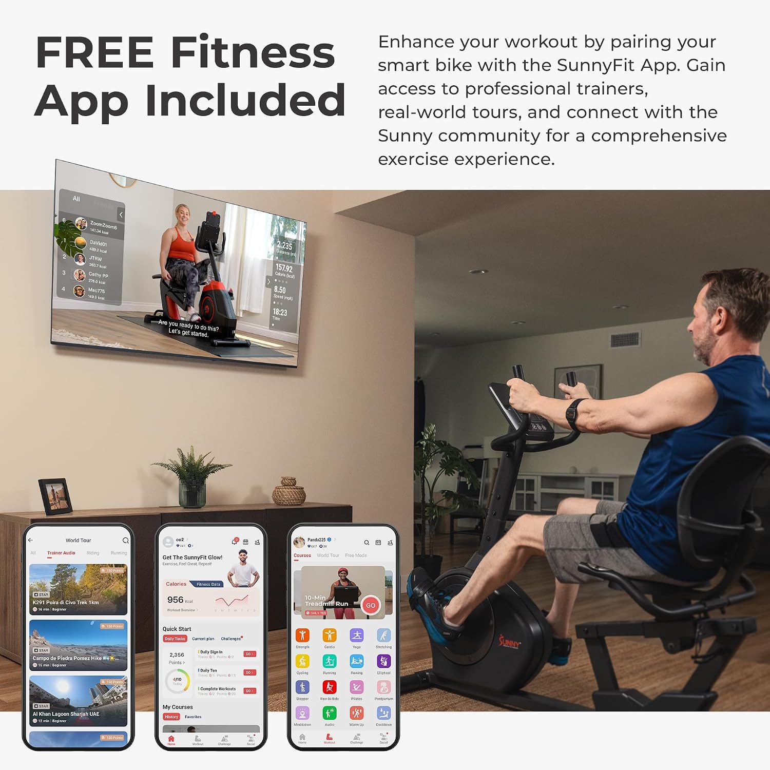 Sunny Health & Fitness Smart Recumbent Bike, Wide Cushioned Seat & Back, Indoor Cycling Machine for Adult/Seniors Home Exercise, Free SunnyFit App Connection