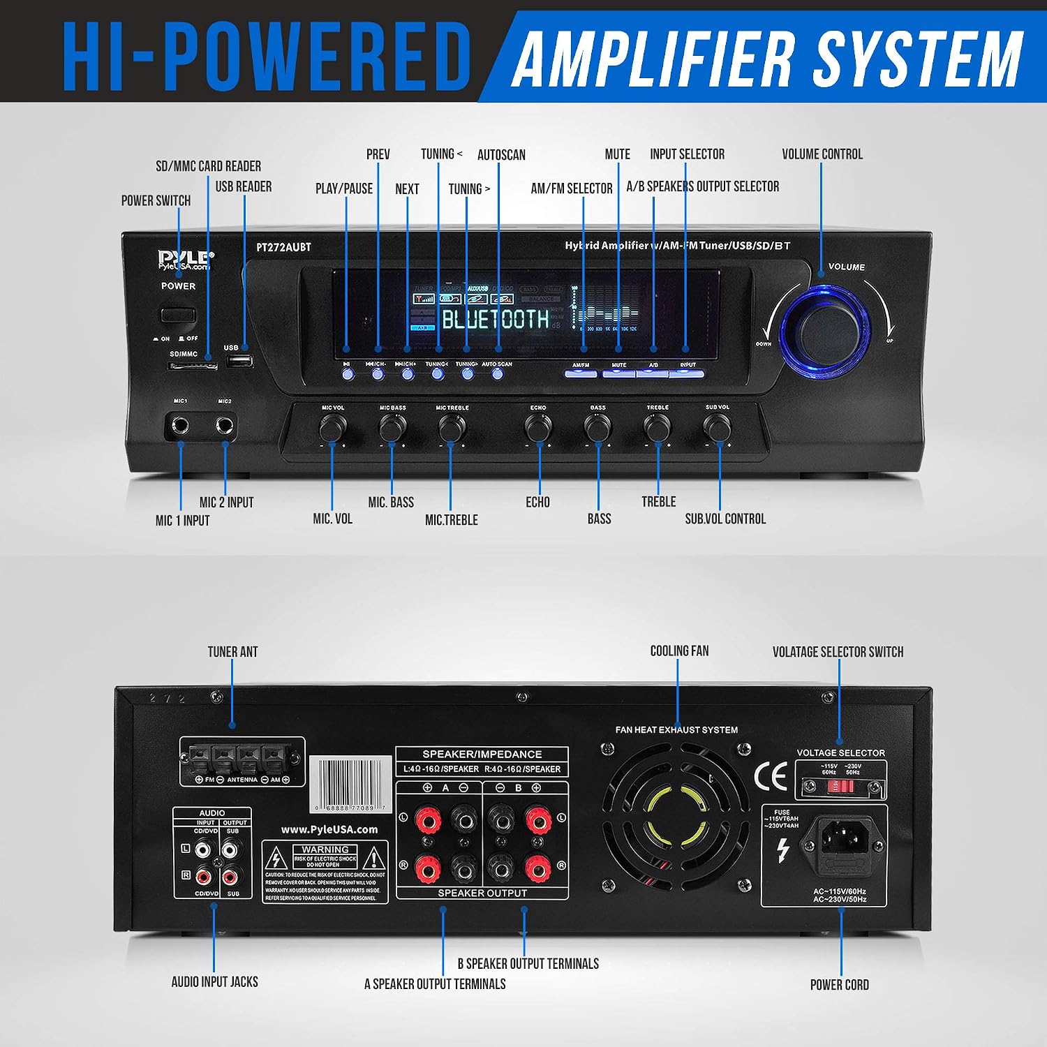 Pyle Home Stereo Amplifier with Bluetooth - 300 Watt Max 4 Channel Stereo Receiver with Easy Karaoke - Dual Mic In with EQ and Echo, USB-A and SD Card In, RCA In, RCA Out, LED Display - PT272AUBT
