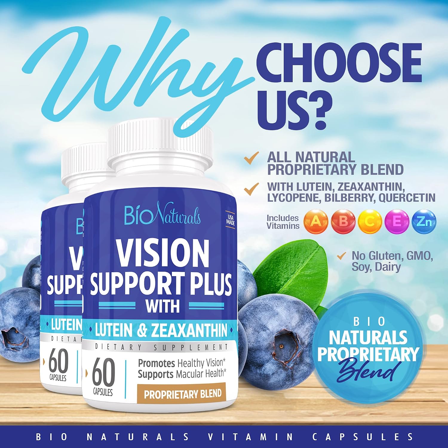 Eye Vitamin Supplement with Lutein, Zeaxanthin, Lycopene, Bilberry