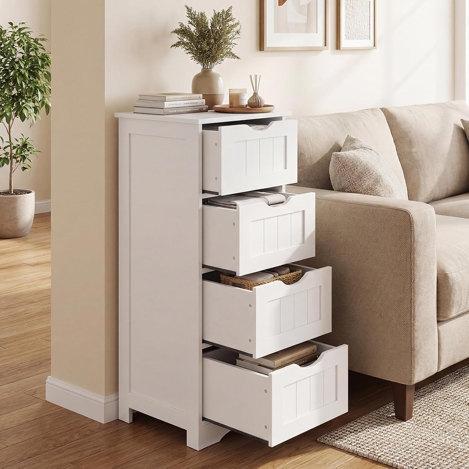 Tangkula Bathroom Floor Cabinet, Freestanding Narrow Side Storage Organizer with 4 Drawers, Multifunctional Towel Cabinet with Anti-Tip Kit for Living Room Laundry Entryway (4 Drawers, White)
