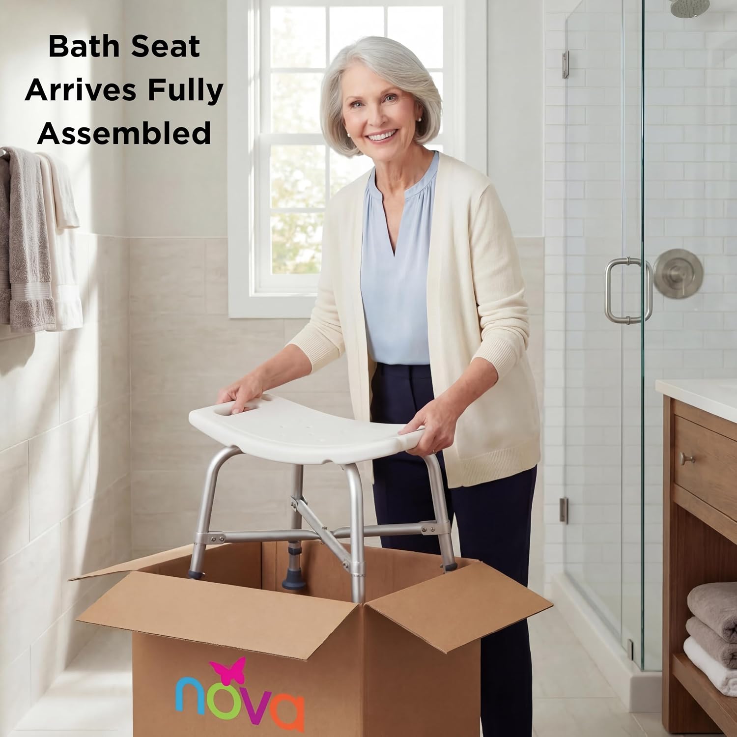 NOVA Heavy Duty Shower Chair, 500 lb Bariatric Bath Seat for Seniors, Fully Assembled, Adjustable Height 17"–23", Dual Handles, Handheld Shower Holder, Non-Slip Feet