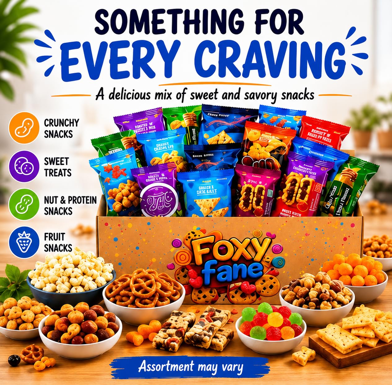 Foxy Fane 60-Count Healthy Snack Box Care Package, Variety Pack of 60 Individually Wrapped Sweet and Savory Snacks, Assorted Gift Basket for Office
