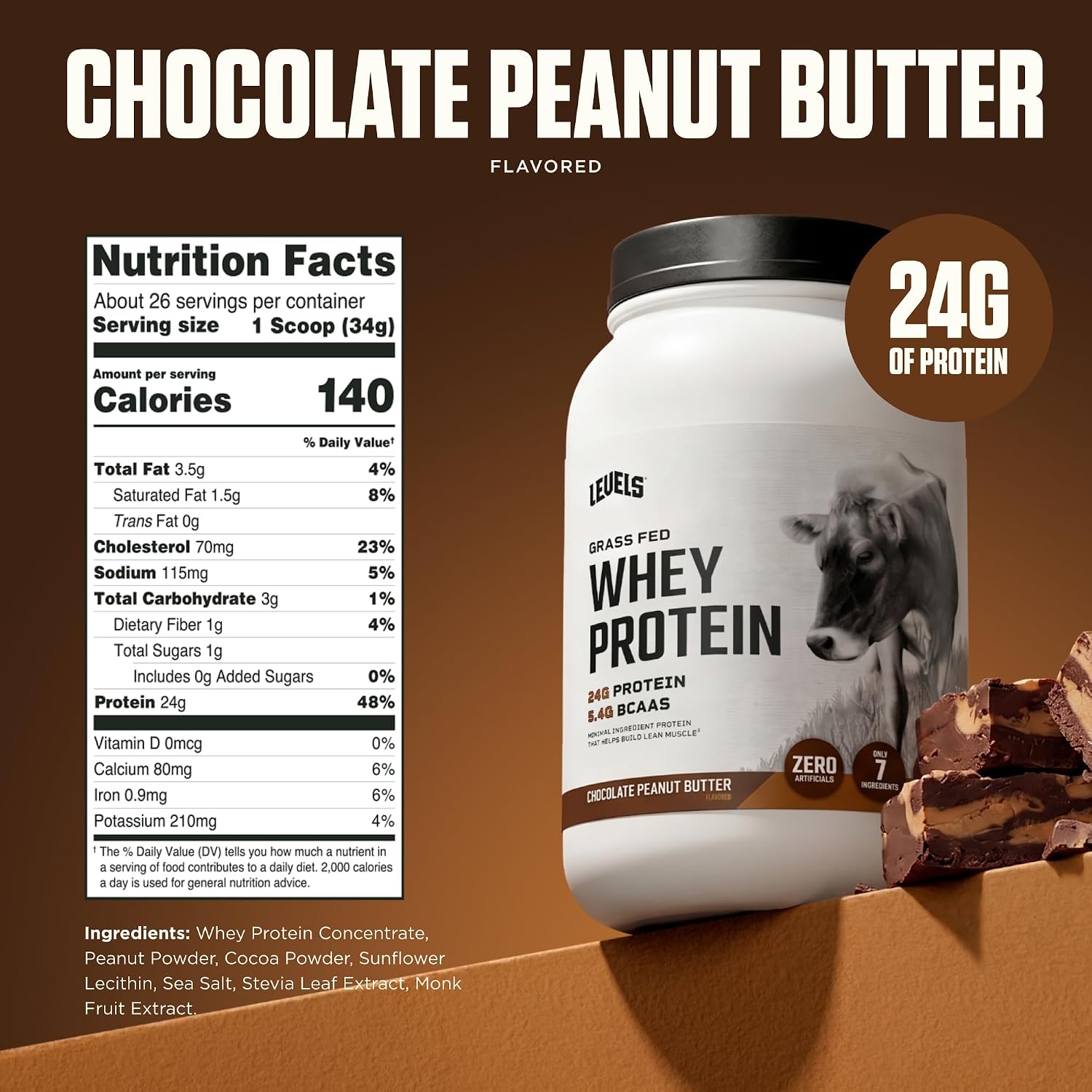 Levels Whey Protein Powder, No Artificial Ingredients, Pure Chocolate, 5LB | 24G of Protein, 5.4G BCAAs, Clean Ingredients, Hormone Free Dairy, No Fillers, No Added Sugar, No Junk