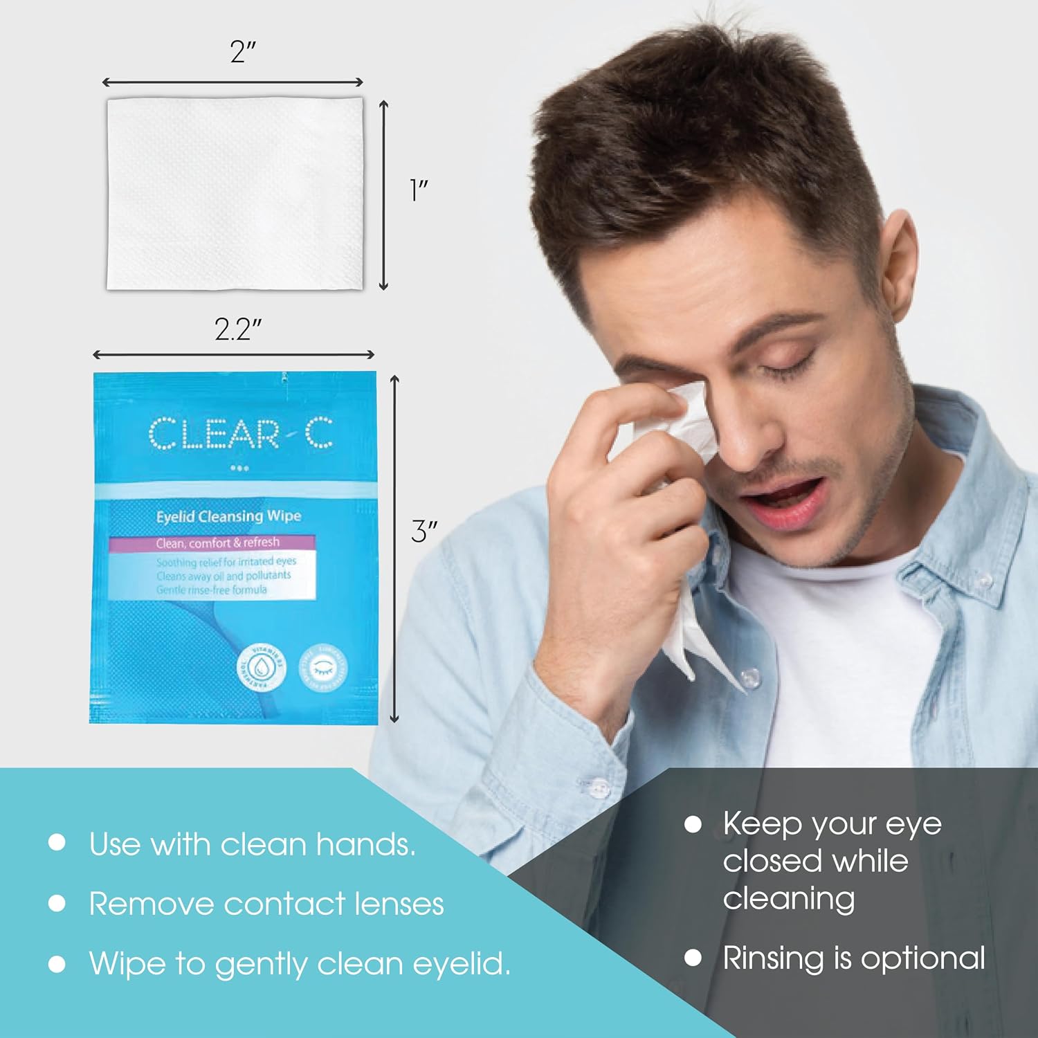 Clear C Pre-Moistened Eyelid Cleaning Wipes, 1 Boxes Of 30 | Rinse-Free Eye Lid Wipes For Dry Eyes, Individually Wrapped Travel Packs