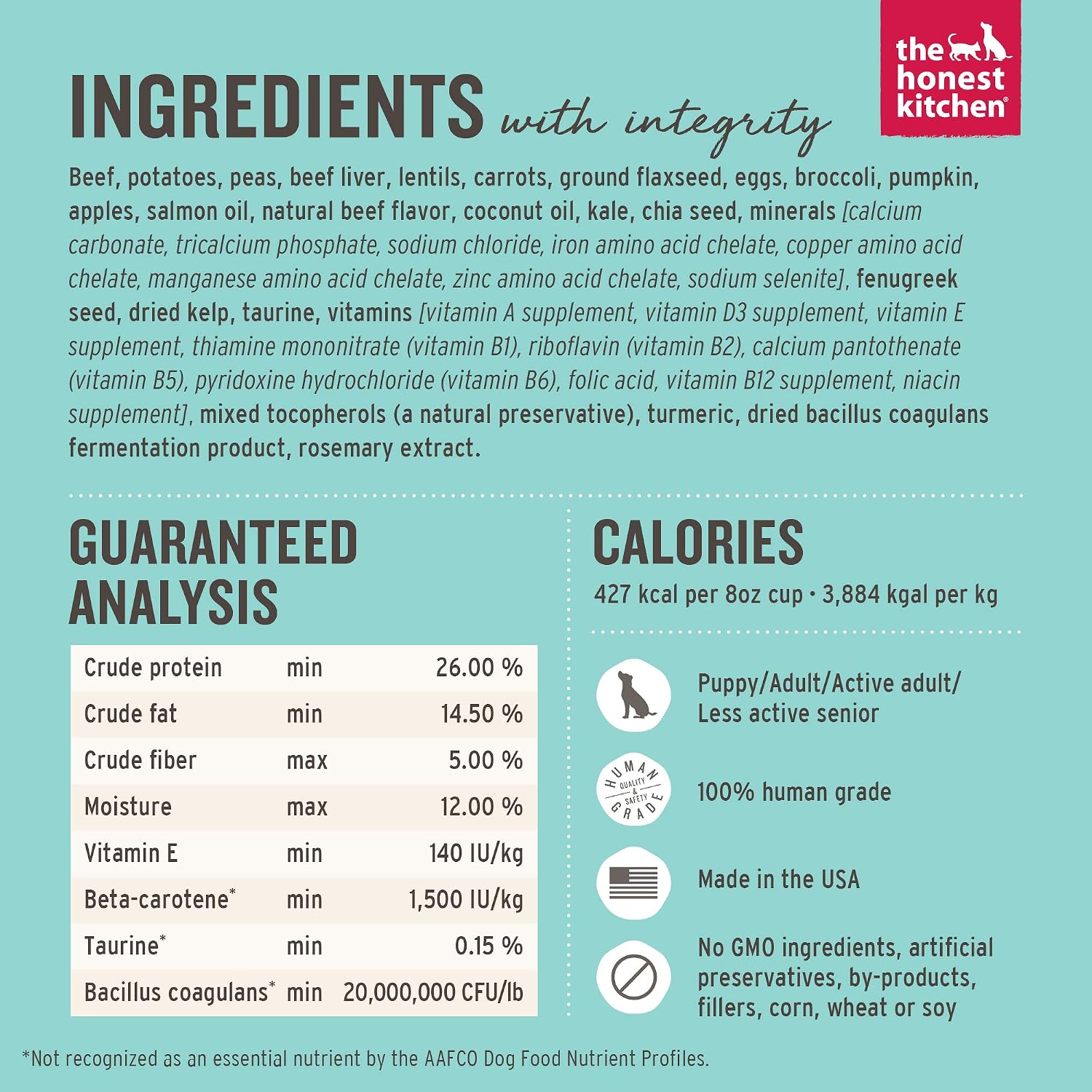 The Honest Kitchen Grain Free Beef & Superfoods Whole Food Clusters, Human Grade Dry Dog Food, Vet-Crafted Nutritional Support for Skin, Coat, Digestion & Overall Wellness, 20 lb Bag