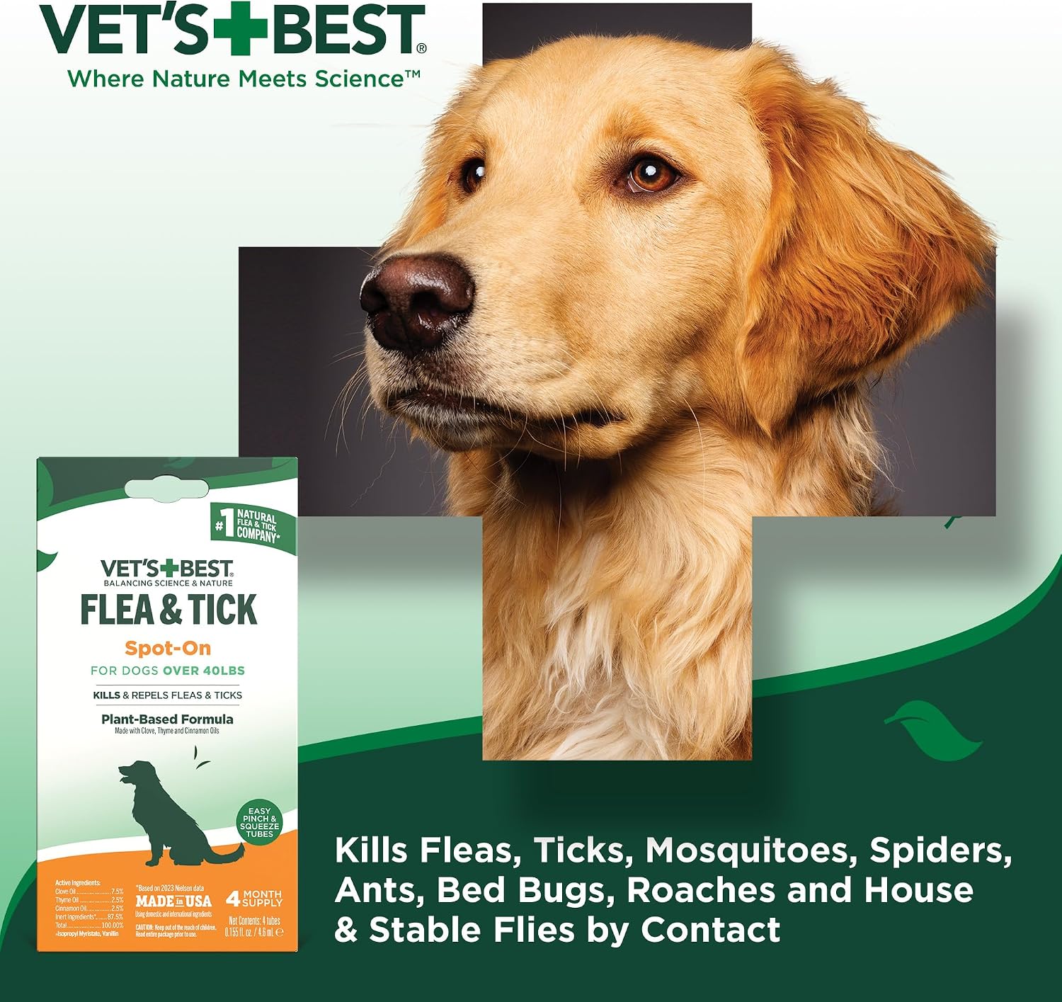 Vet's Best Flea & Tick Drops for Large Dogs, Flea Protection, 4Month Supply | Plant-Based Spot-On Treatment, Essential Oils, Helps Prevent Fleas & Ticks, Four Monthly Applications for Dogs