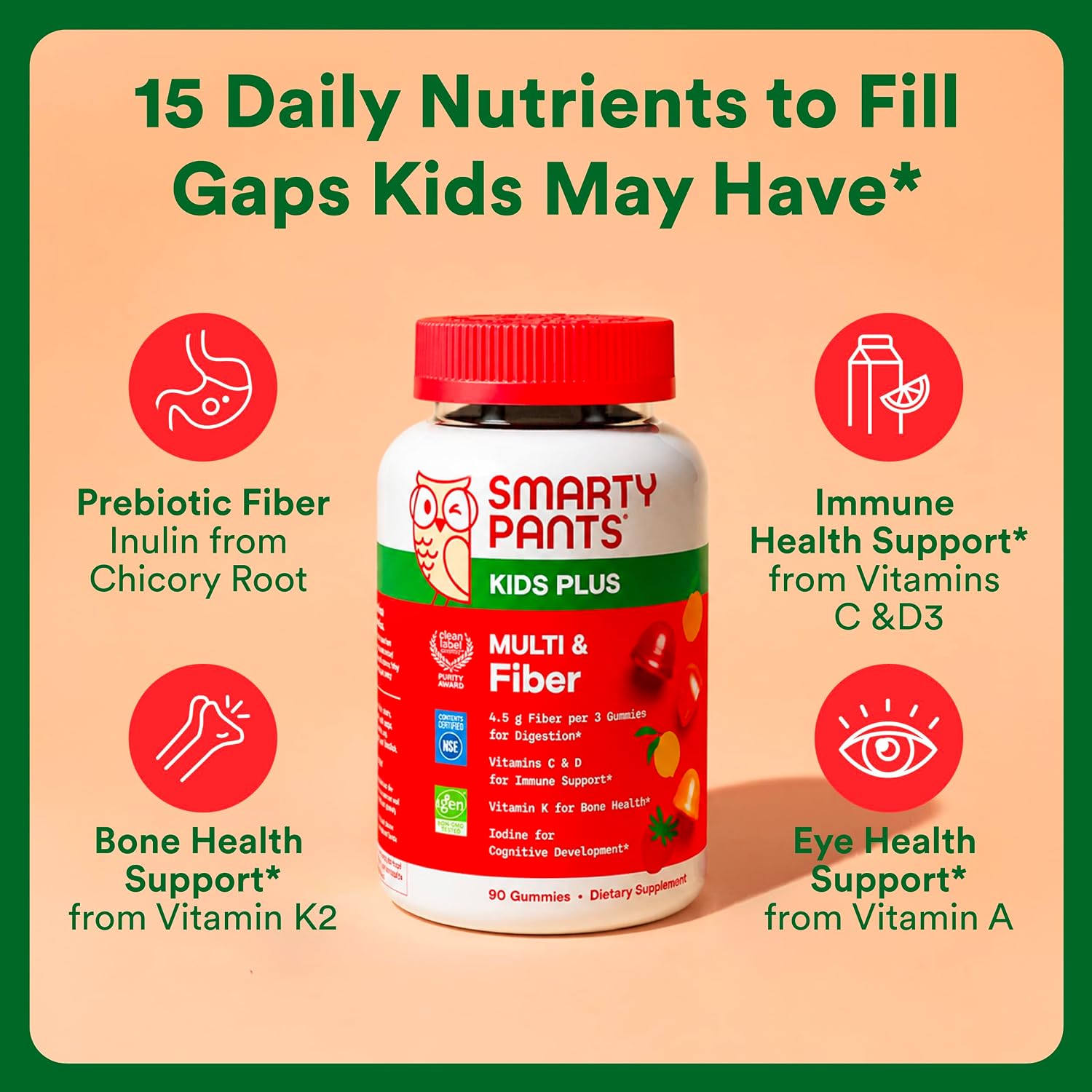 SmartyPants Kids Multivitamin Gummies and Fiber Supplement: Vitamin D3, C, Vitamin B12, B6, A, Zinc, Biotin, Inositol, Fiber Gummies, Three Fruit Flavors, 120 Count (30 Day Supply)
