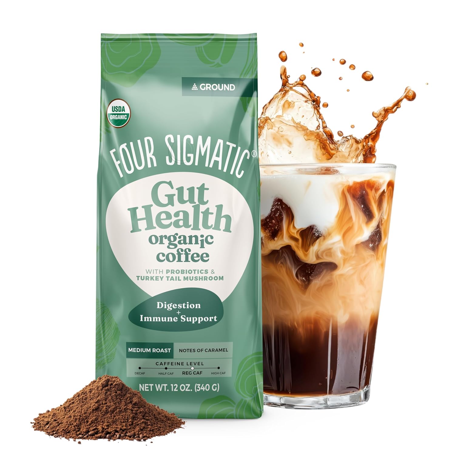 Four Sigmatic Organic Focus Mushroom Ground Coffee | Dark Roast, Organic Coffee with Lion's Mane & Chaga Mushroom for Mental Clarity & Energy Support | 12oz Bag