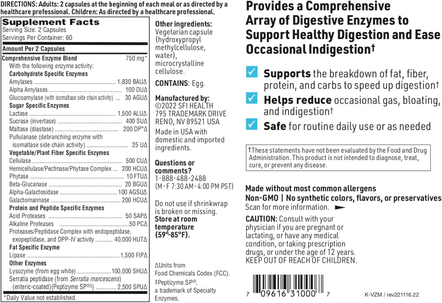 Klaire Labs SFI Health Vital-Zymes Complete Enzymes, 120 Capsules | Digestive Enzymes to Help Ease Indigestion & Aid Nutrient Absorption