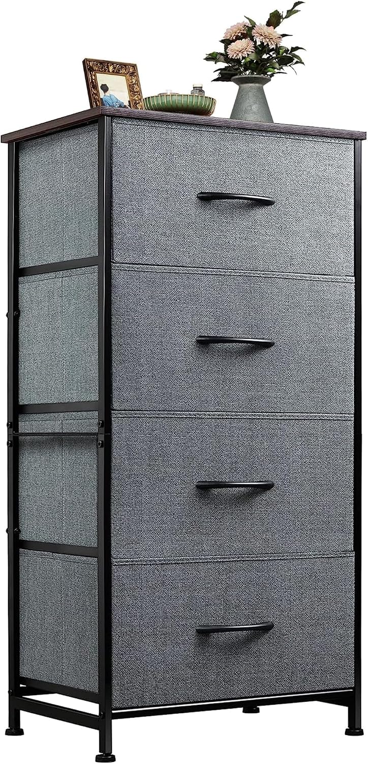 WLIVE Small Dresser Nightstand for Bedroom, 4 Drawers, Light Grey | 4 vertical fabric drawers, Space-saving tower, Bedroom or closet use, Chest of drawers, Dresser for small spaces