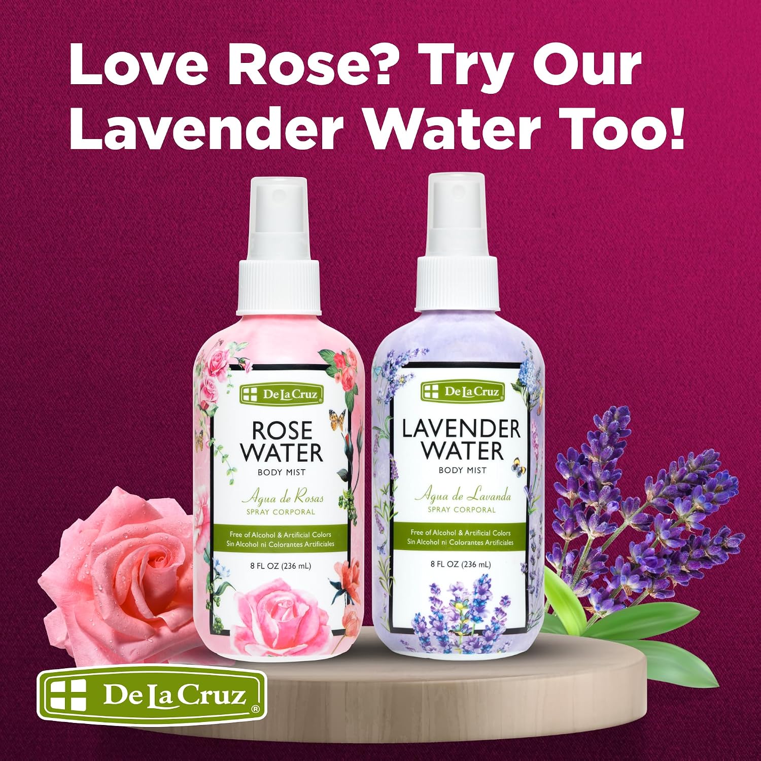 De La Cruz Rose Water Body & Hair Mist, 8 fl. oz Spray (236 mL) | Rose Water Spray, With Rose Flower Extract, Face, Hair & Body Mist, Home Mist, Alcohol Free, Refreshing & Soothing
