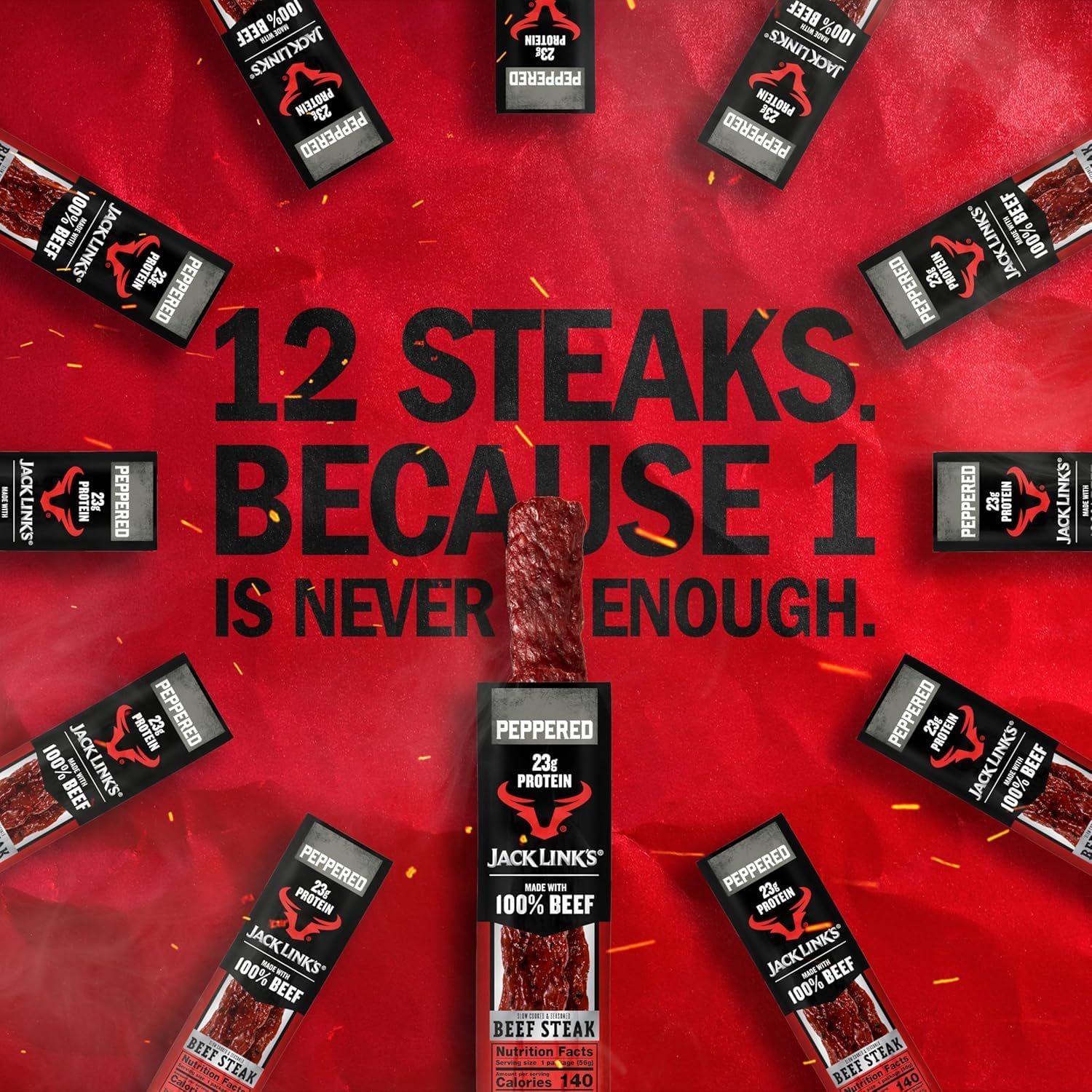 Jack Link's Beef Steak, Original - Protein Snacks, Jerky Meat Snack with 23g of Protein, Made with 100% Beef, Individually Wrapped Bulk Snack Pack, Keto Friendly - 2 Oz. (12 Count)