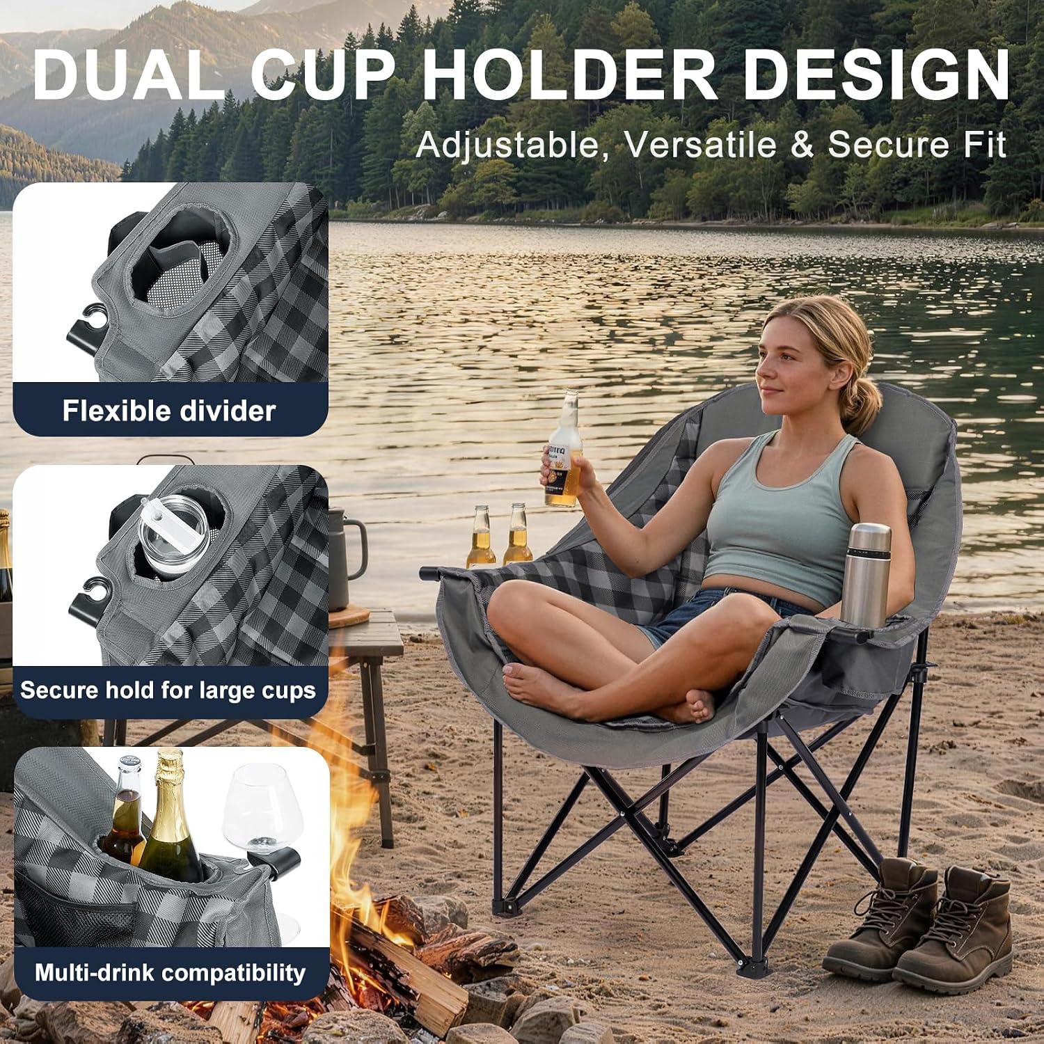 Oversized Camping Chairs for Adult - Heavy Duty Padded Portable Folding Chair XL Collapsible Camp Chair with Cup Holder Side Pocket for Outdoor Lawn Beach Sport Fishing Support 500LBS, Grey