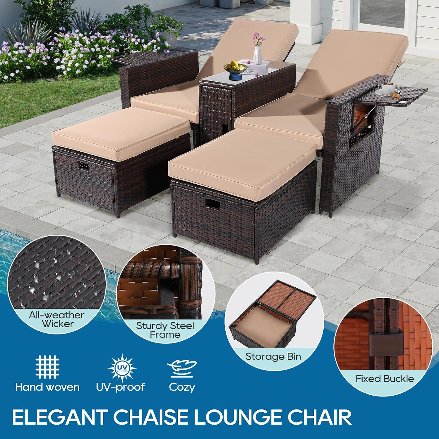 5PCS Outdoor Wicker Chaise Lounge Chair - Rattan Adjustable Reclining Patio Lounge Chair with Ottoman and Coffee Table
