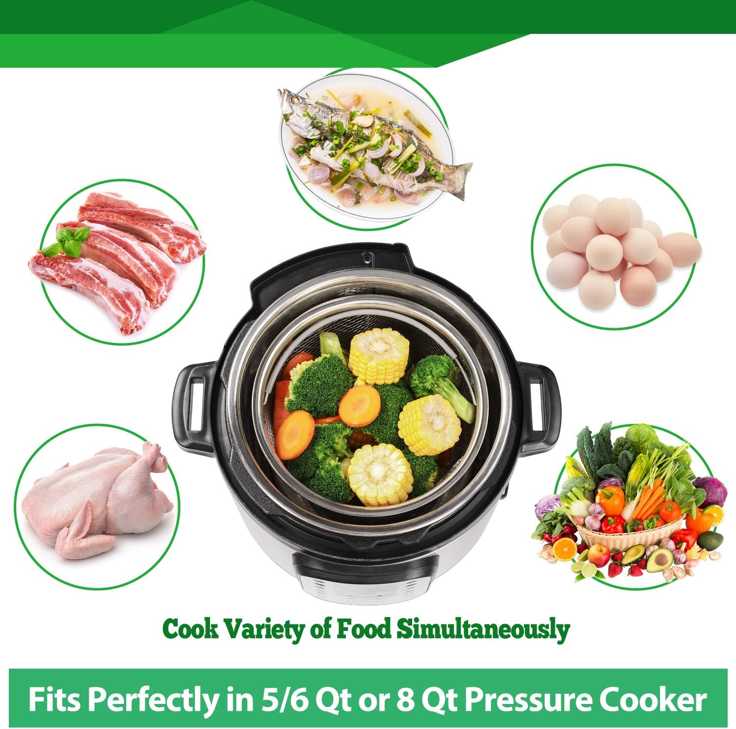 AOZITA Steamer Basket for Instant Pot Accessories 6 qt or 8 quart - 2 Tier Stackable 18/8 Stainless Steel Mesh - Silicone Handle - Vegetable Steamer