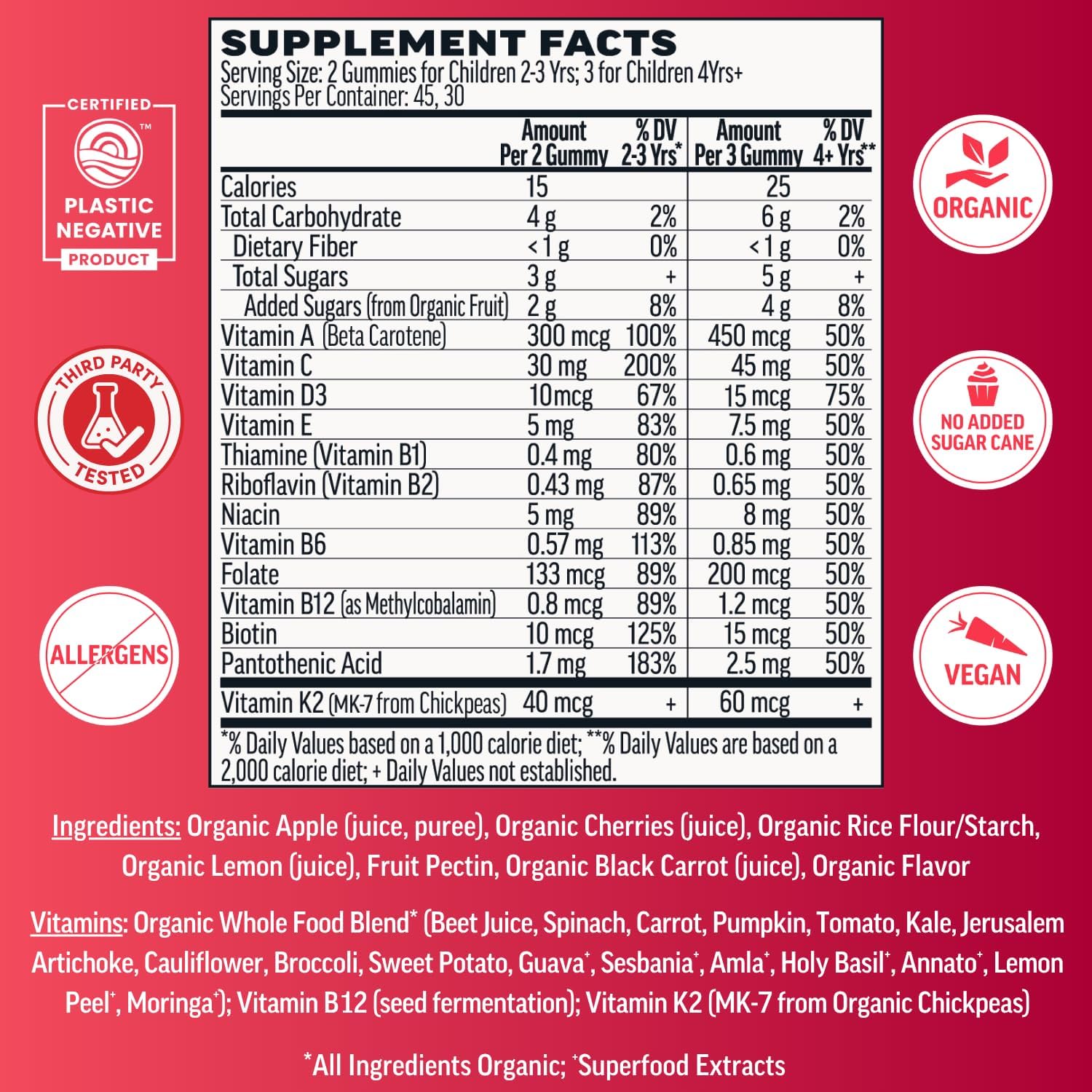Llama Naturals Kids Multivitamin Gummies | Real Fruit, No Added Sugar Cane | Organic Vegan Toddler Whole Food Vitamins | Vitamin D, C & Beta Carotene Gummy Supplement | Cherry 90 Ct (1-2 Months)