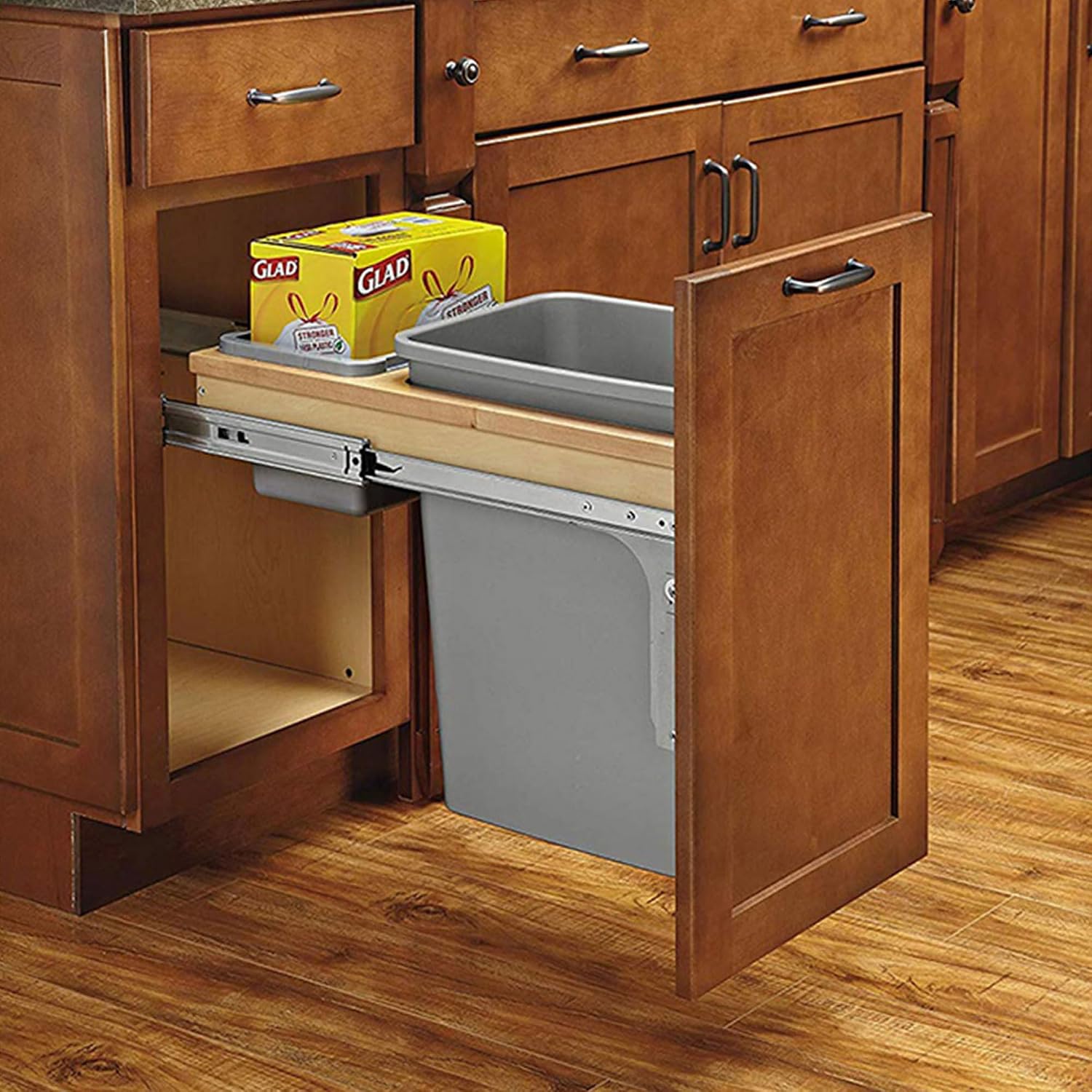 Rev-A-Shelf Double Pullout Trash Can, Min Cabinet Opening 18" W, 50 Qt | w/ Soft-Close, Under Cabinet Waste/Recycling Bin w/ Lid, Silver, 4WCSC-2150DM-2
