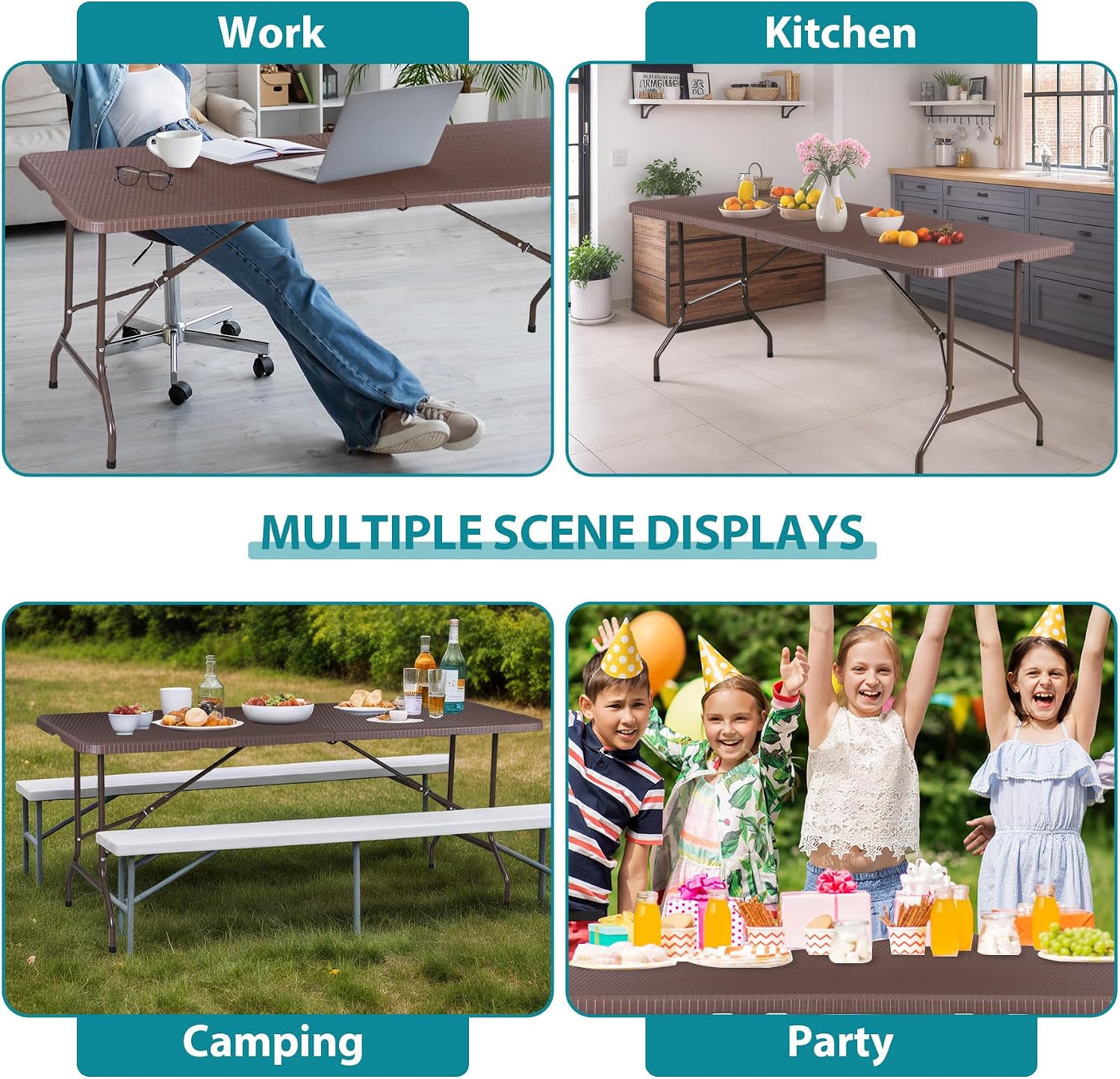 SUPER DEAL 6FT Folding Table for Indoor Outdoor, Portable Heavy Duty Fold-in-Half Plastic Dining Picnic Party Camping Table with Carrying Handle