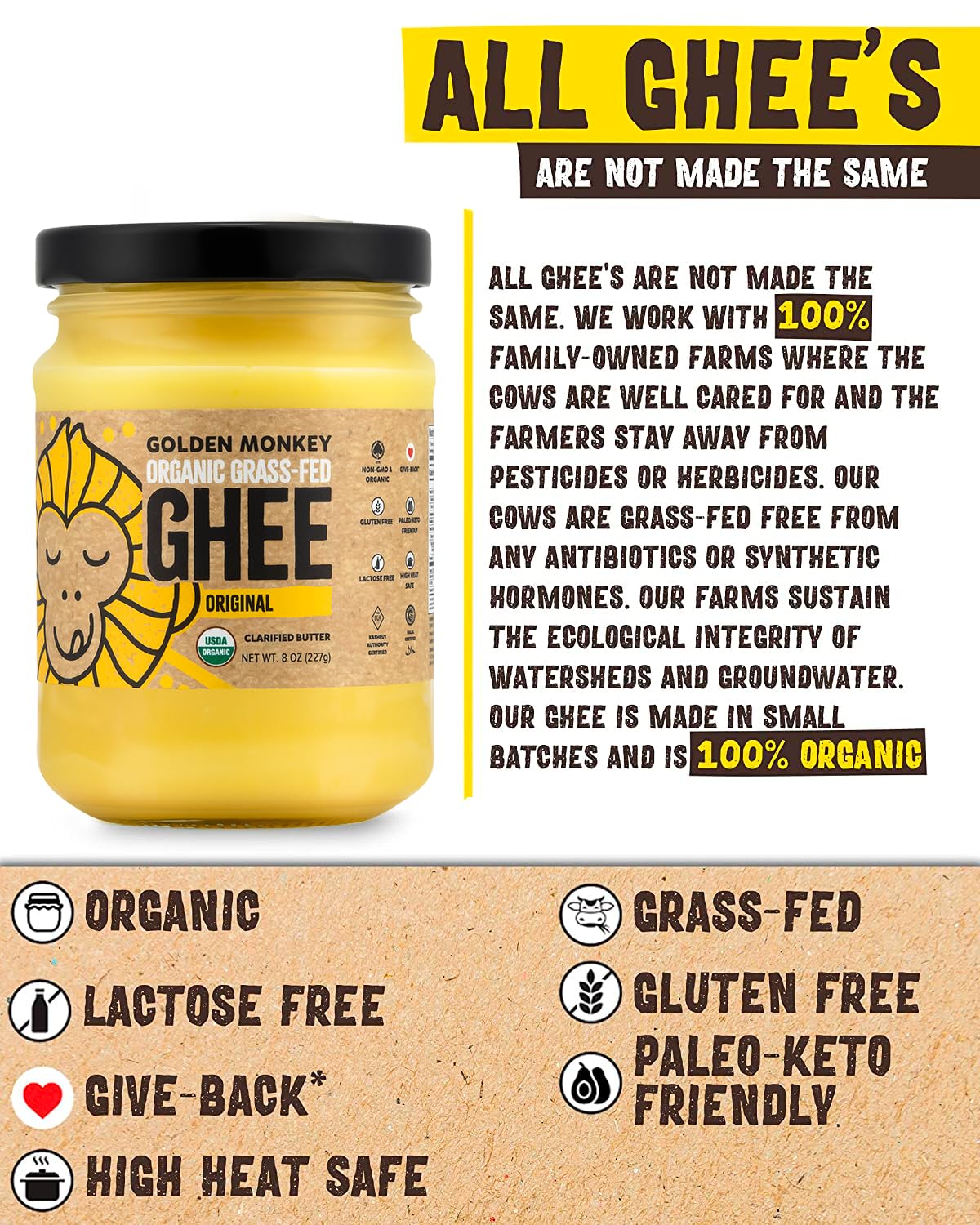 GOLDEN MONKEY Organic Ghee Butter – Grass Fed Clarified Butter for Cooking, Baking