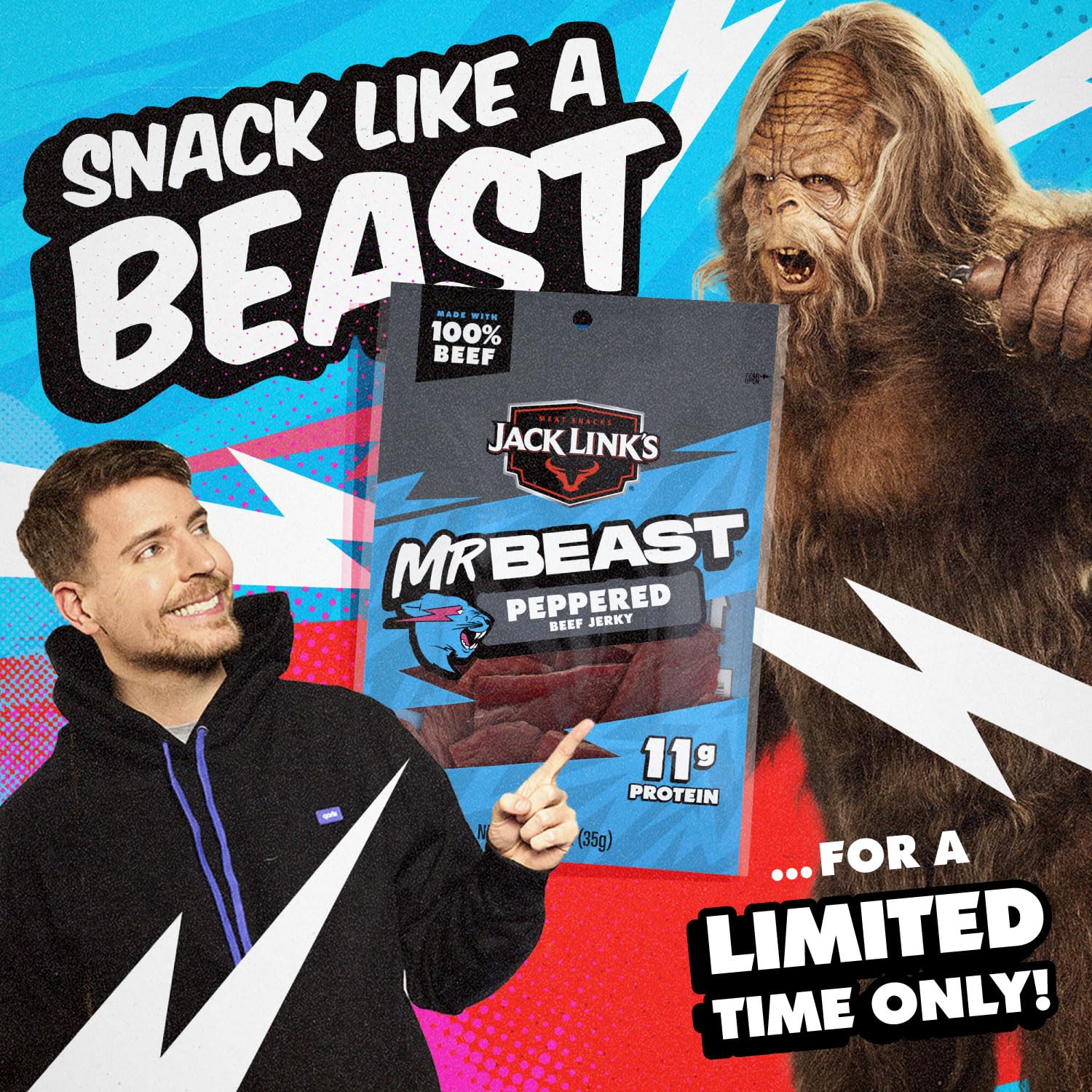 Jack Link's MrBeast Beef Jerky, Peppered Beef Jerky - 10 Count | As Seen on Beast Games, 11g Protein, Made with 100% Real Beef, Pantry-Ready Snacks