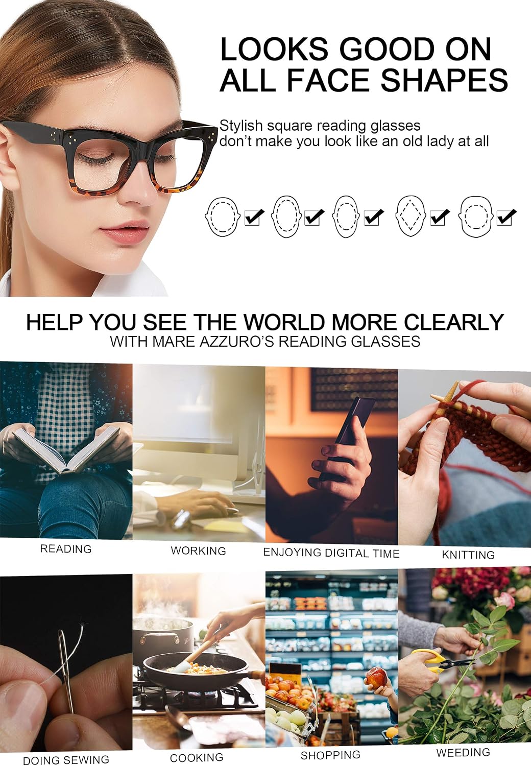 MARE AZZURO Oversized Reading Glasses Women Trendy Large Readers 0 1.0 1.25 1.5 1.75 2.0 2.25 2.5 2.75 3.0 3.5 4.0 5.0 6.0 (Black, 250)