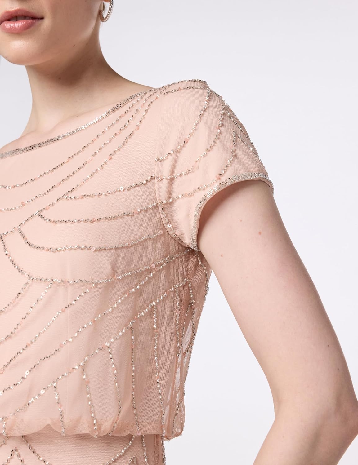 Adrianna Papell Womens Short Sleeve Blouson Beaded Gown