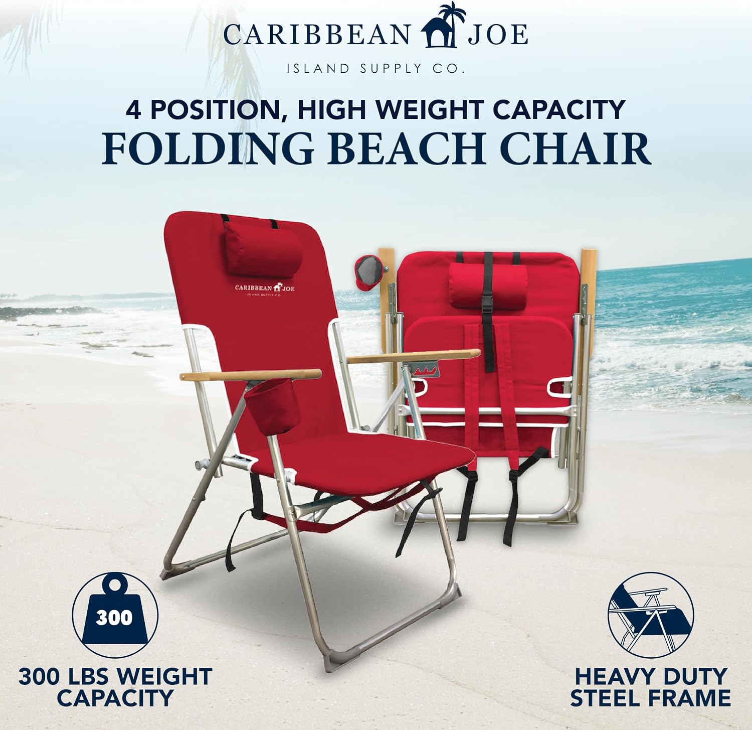 CARIBBEAN JOE Folding Beach Chair, 4 Position Portable Backpack Foldable Camping Chair with Headrest, Cup Holder, and Wooden Armrests
