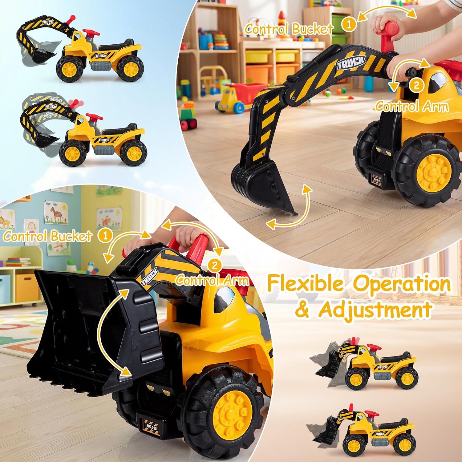 Costzon Ride on Excavator, Ride on Construction Vehicles w/Helmet, 3 Toy Stones, Realistic Sound, Adjustable Bucket & Under Seat Storage, Bulldozer Ride on Toy Gift for Kids Boys & Girls