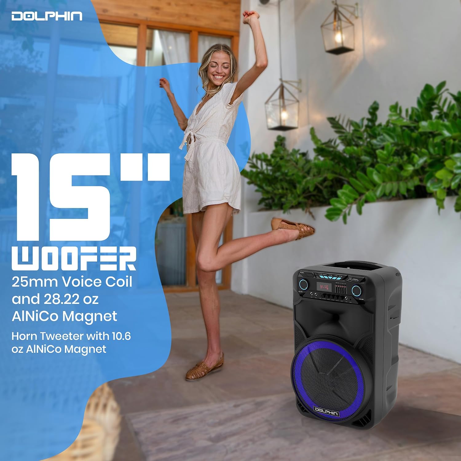 Dolphin Large Bluetooth Party Speaker with Wired Microphone, 15" Woofer | 140W Output, WaveSync Pairing, X-Bass, Digital EQ, USB, SD, FM & AUX Inputs