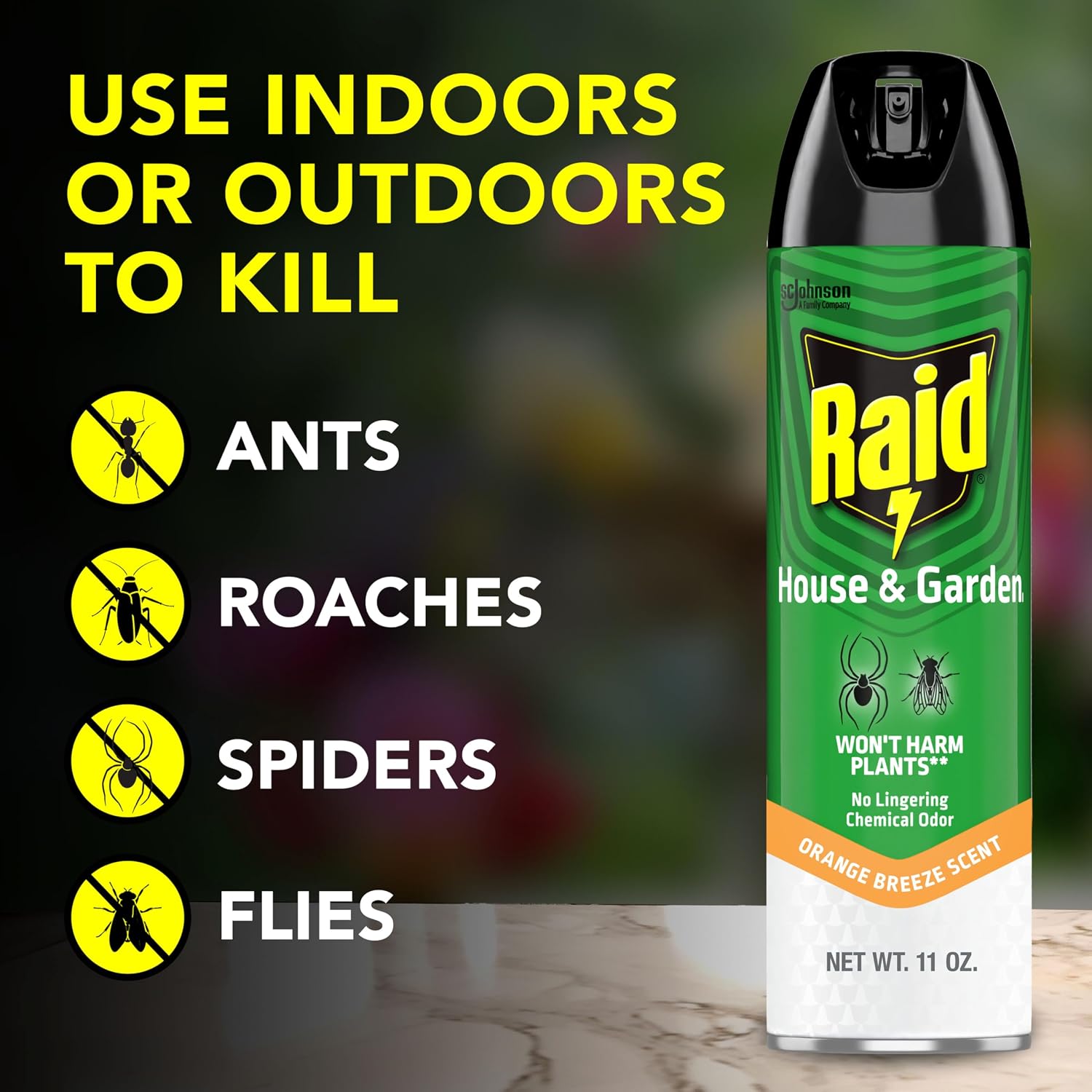 Raid House and Garden Insect Killer Spray, for Indoor and Outdoor Use, Won't Harm Plants, Insect Spray, Orange Breeze Scent, 11 oz