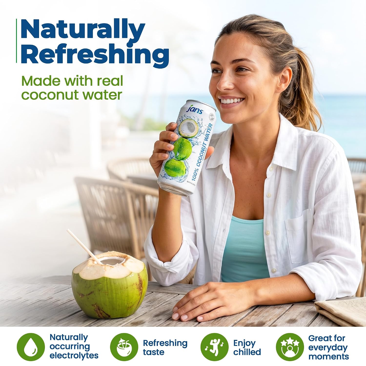 Jans 100% Coconut Water With Pulp, Unsweetened, 16.57 Fl Oz, Pack of 12