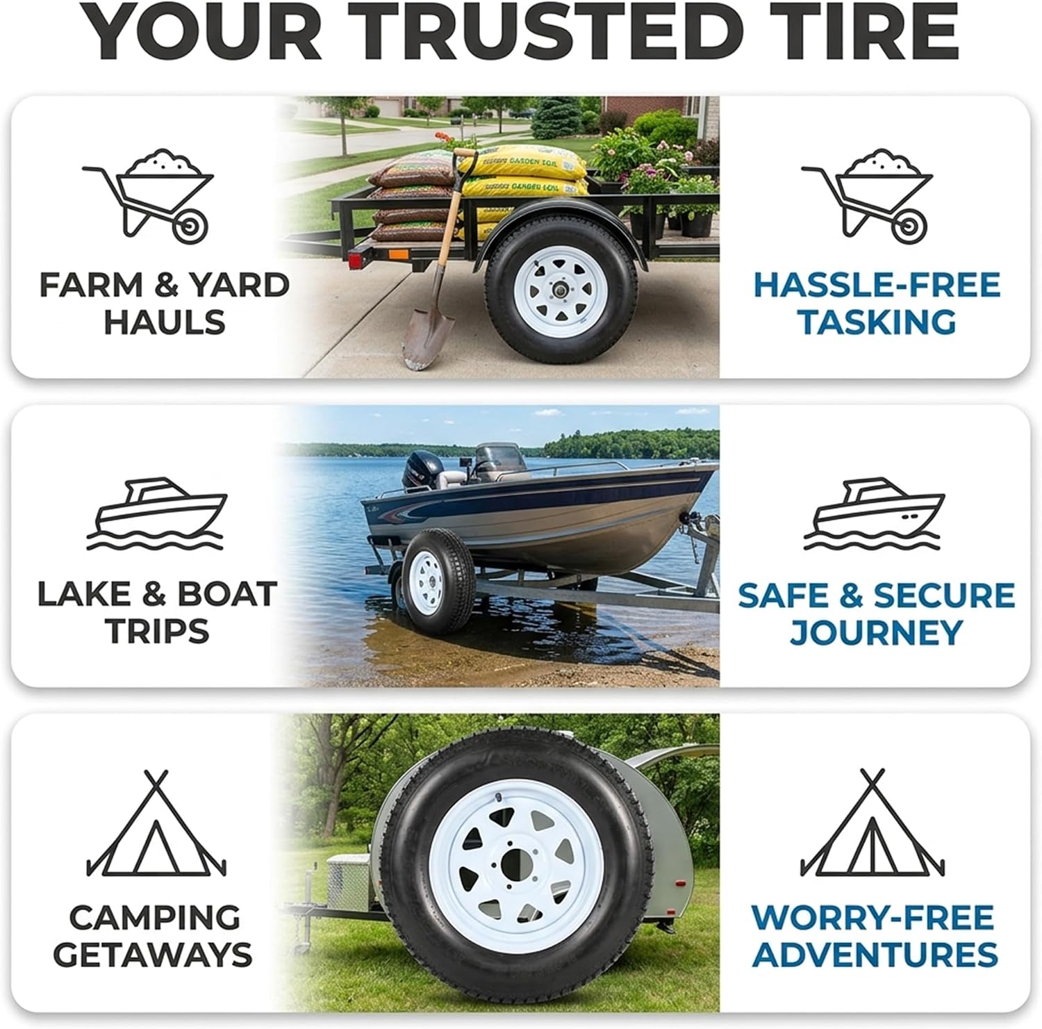 eCustomrim Trailer Tire Rim Assembly ST205/75D15 F78-15 Load C 5 Lug White | Load Range C 6 Ply Tire, 15 Inch 5 Lug On 4.5 Inch Center